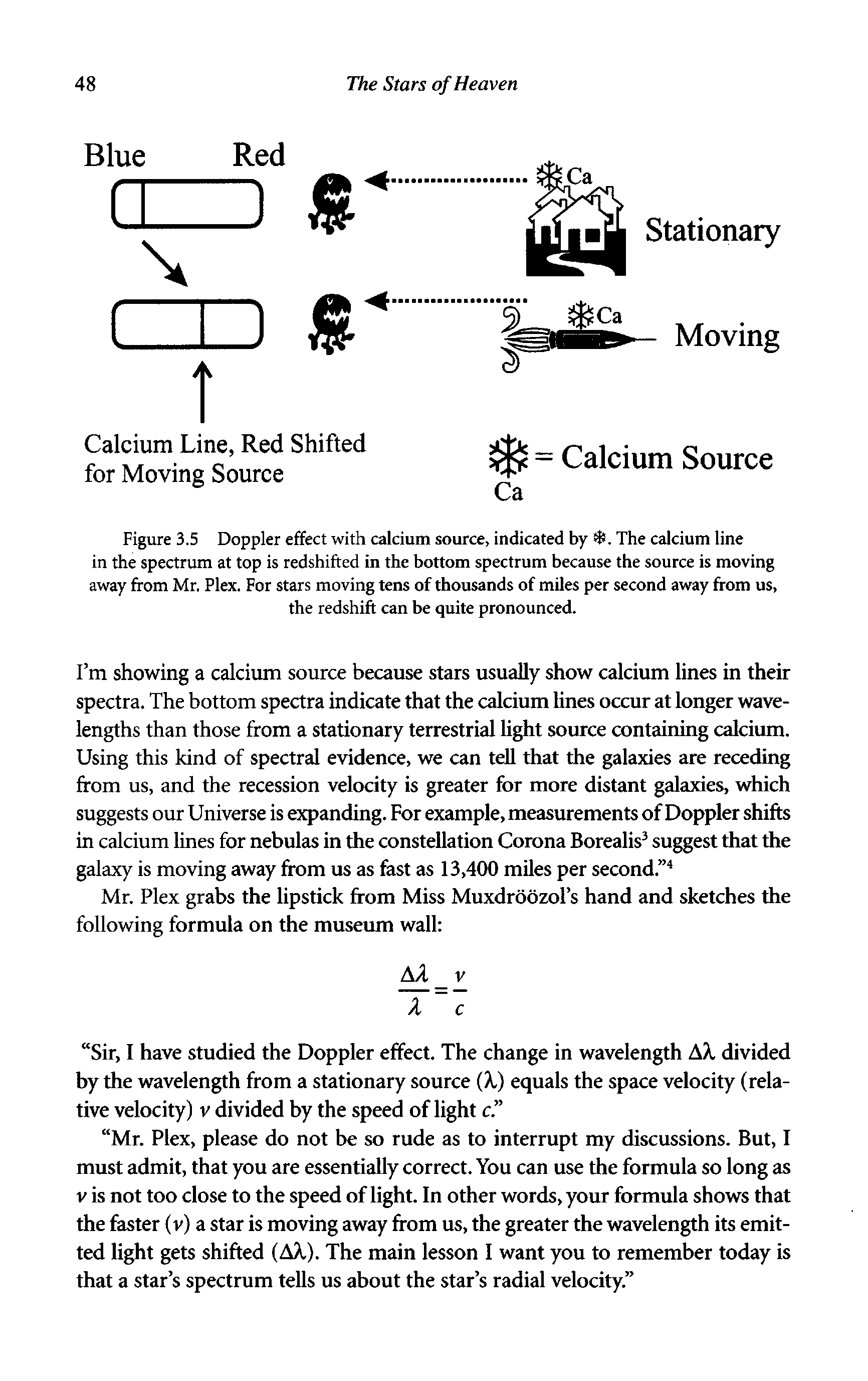 Figure 3.5 Doppler effect with calcium source, indicated by 4. The calcium line in the spectrum at top is redshifted in the bottom spectrum because the source is moving away from Mr. Plex. For stars moving tens of thousands of miles per second away from us, the redshift can be quite pronounced.