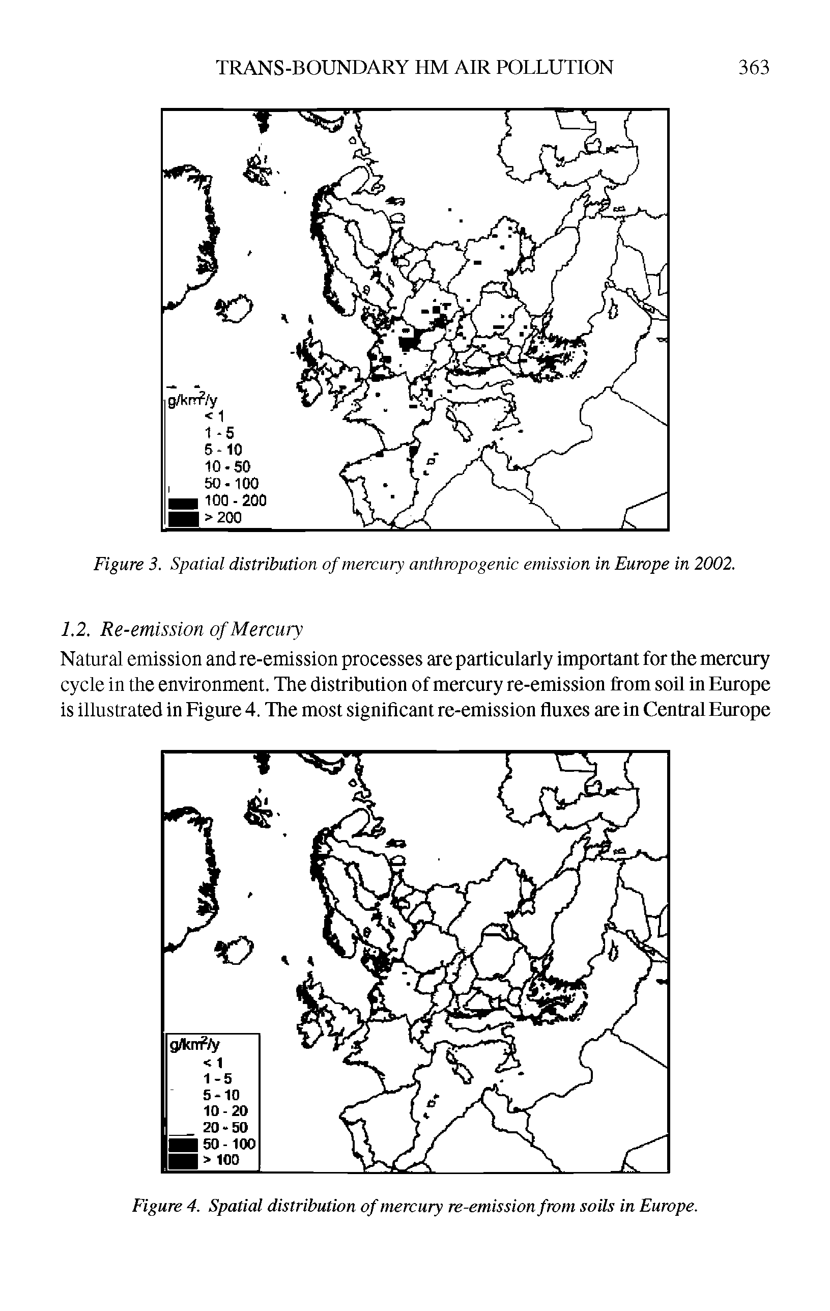 Figure 3. Spatial distribution of mercury anthropogenic emission in Europe in 2002.