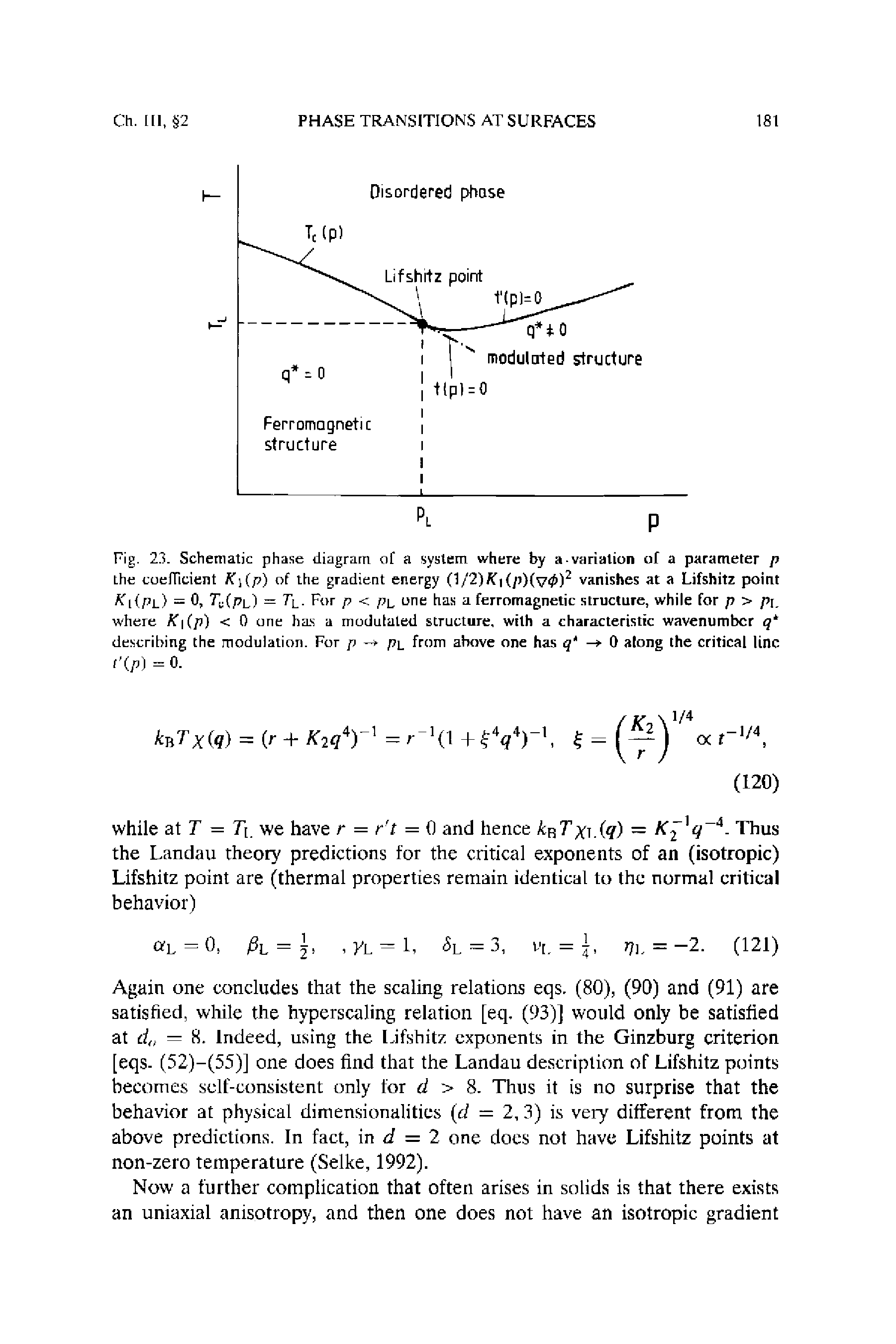 Fig. 23. Schematic phase diagram of a system where by a variation of a parameter p the coefficient K (p) of the gradient energy (1/2)Jf (p)(v0)2 vanishes at a Lifshitz point Kl<PL> = 0, r, (pL) = Tl. For p < pl one has a ferromagnetic structure, while for p > pi where fC (p) < 0 one has a modulated structure, with a characteristic wavenumber q describing the modulation. For p -> p from above one has — 0 along the critical line...