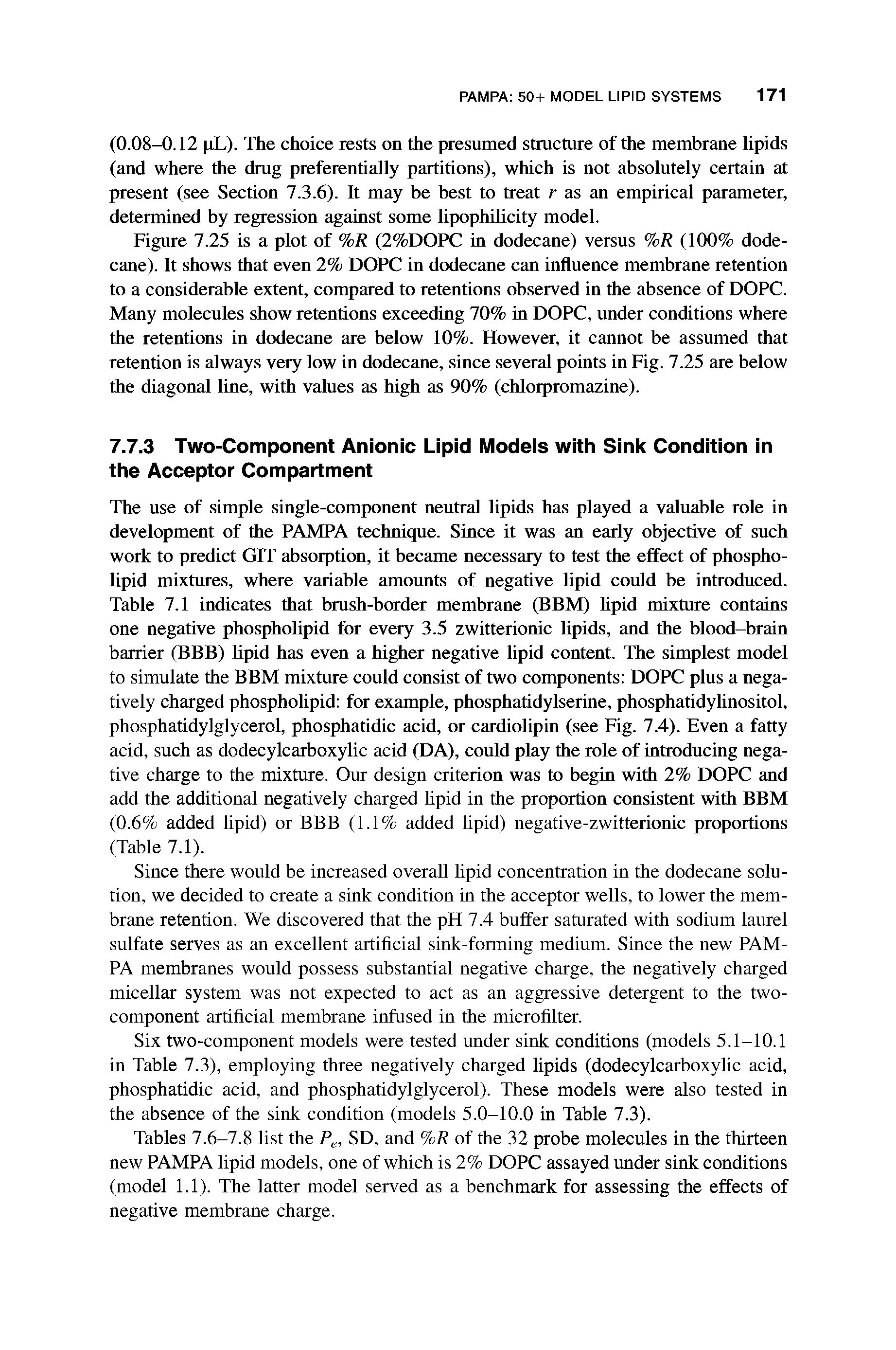 Tables 7.6-7.8 list the Pe, SD, and %R of the 32 probe molecules in the thirteen new PAMPA lipid models, one of which is 2% DOPC assayed under sink conditions (model 1.1). The latter model served as a benchmark for assessing the effects of negative membrane charge.