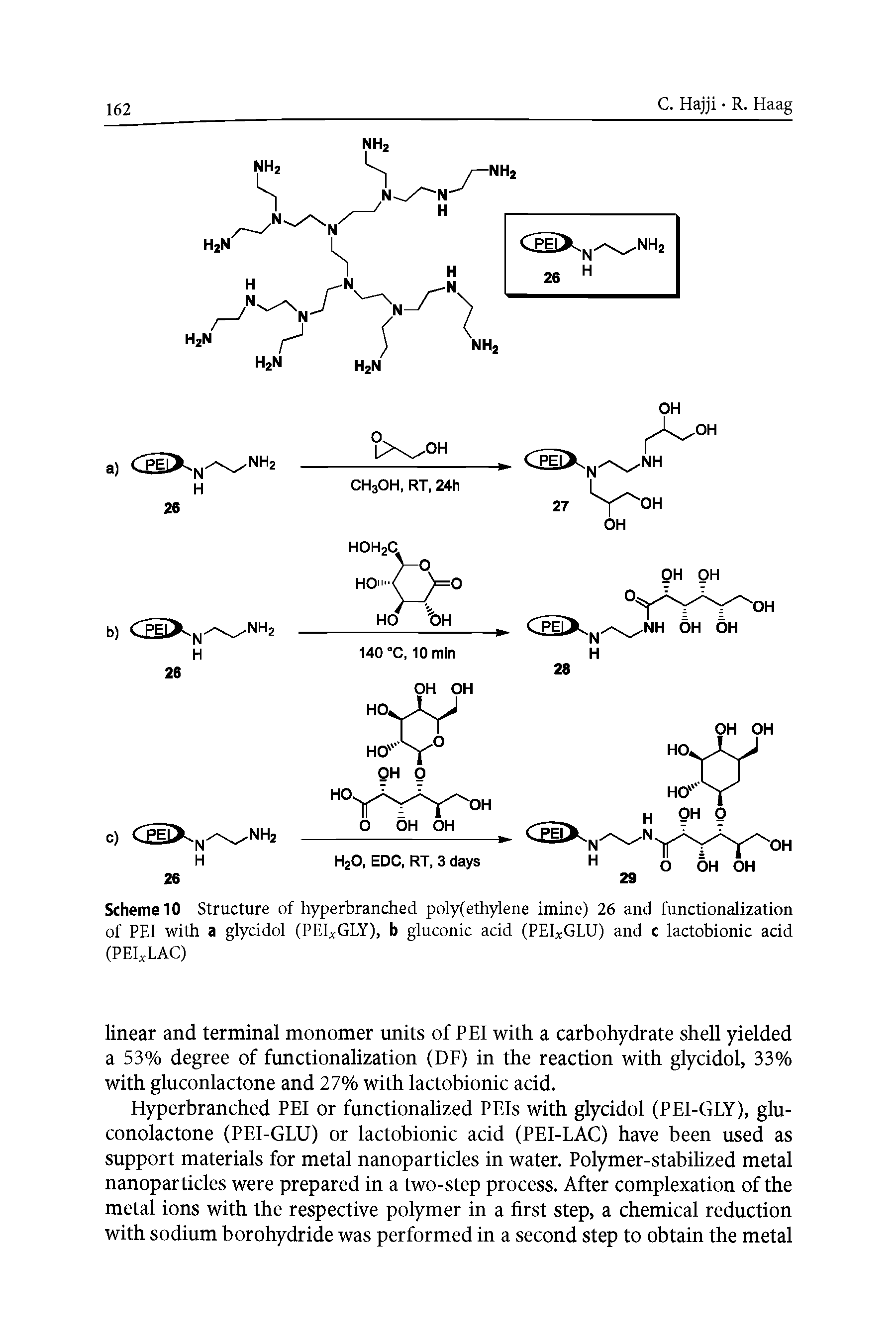 Scheme 10 Structure of hyperbranched poly(ethylene imine) 26 and functionalization of PEI with a glycidol (PEIXGLY), b gluconic acid (PEI GLU) and c lactobionic acid (PEIXLAC)...