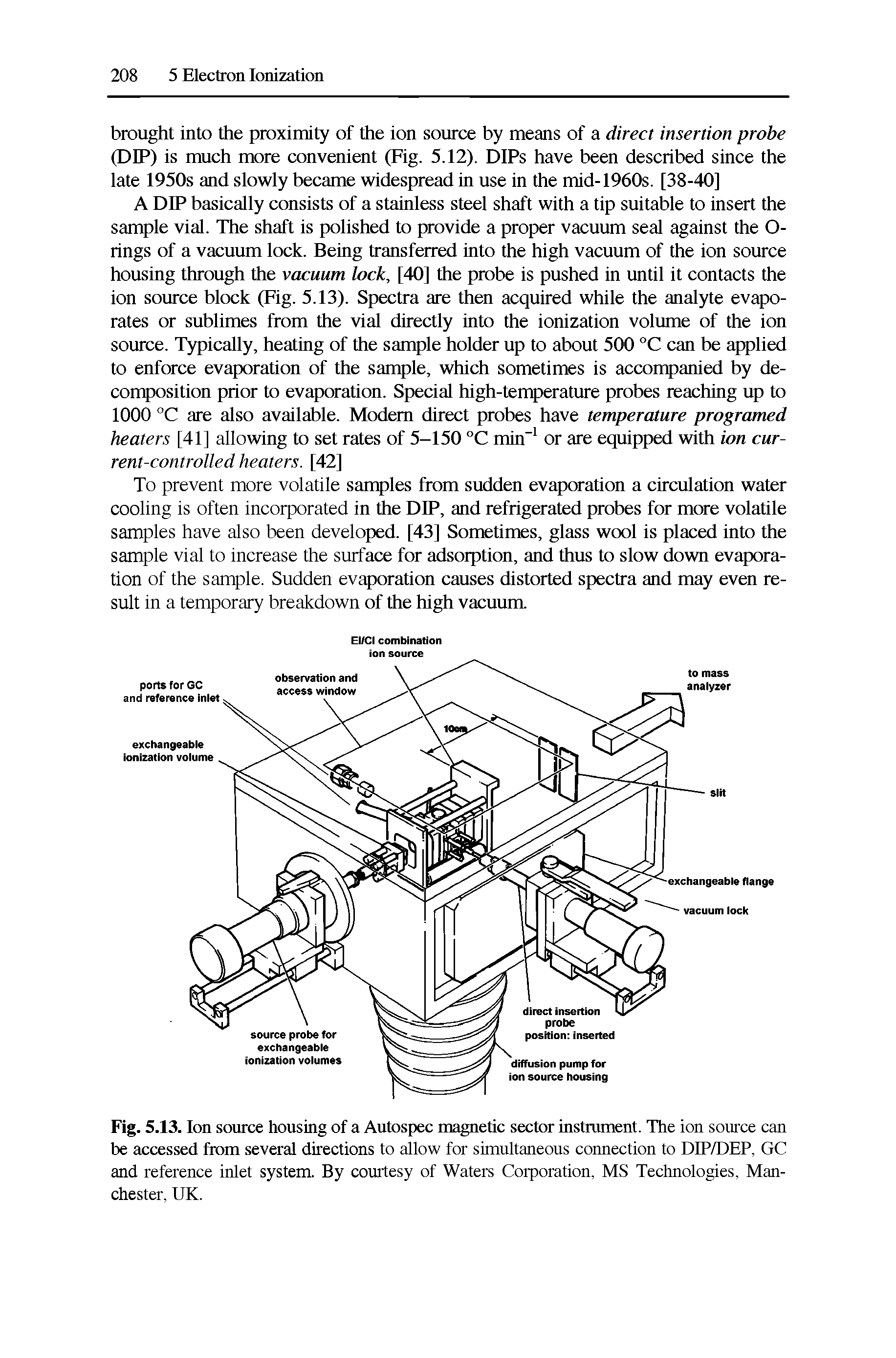 Fig. 5.13. Ion source housing of a Autospec magnetic sector instrament. The ion source can be accessed from several directions to allow for simultaneous connection to DIP/DEP, GC and reference inlet system. By courtesy of Waters Corporation, MS Technologies, Manchester, UK.