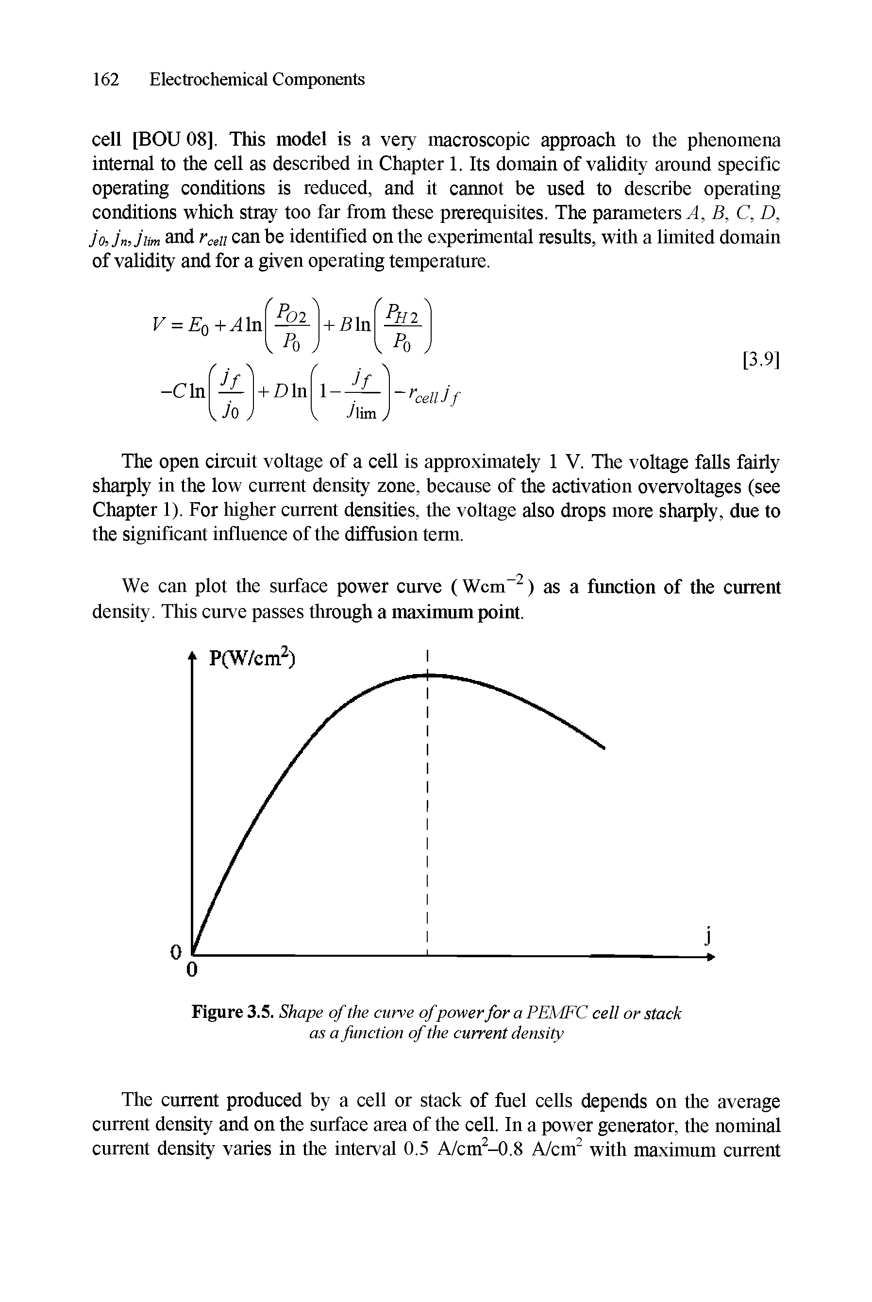 Figure 3.5. Shape of the curve ofpowerfor a PEMFC cell or stack as a function of the current density...