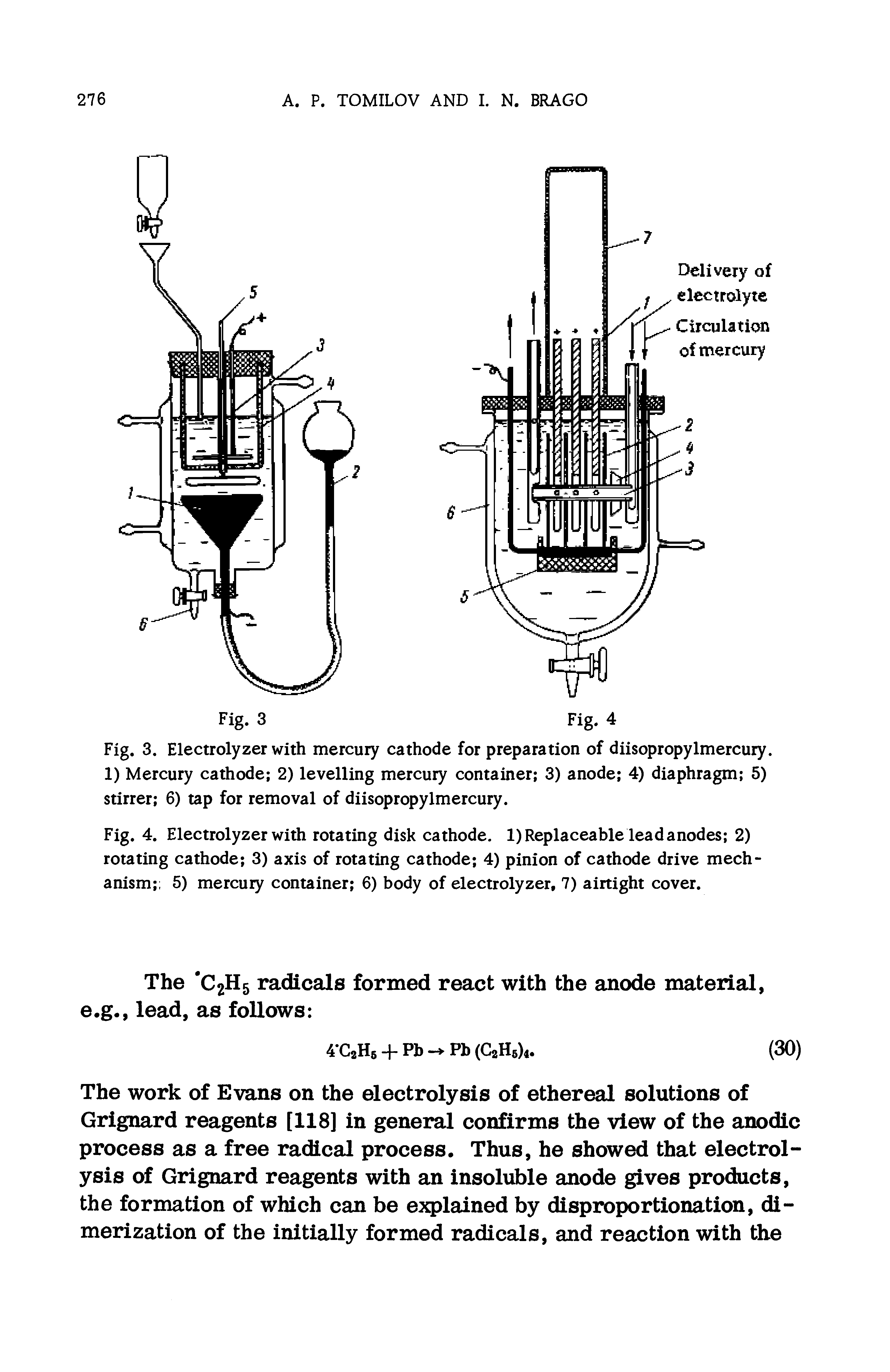 Fig. 4. Electrolyzer with rotating disk cathode. 1) Replaceable lead anodes 2) rotating cathode 3) axis of rotating cathode 4) pinion of cathode drive mechanism 5) mercury container 6) body of electrolyzer, 7) airtight cover.