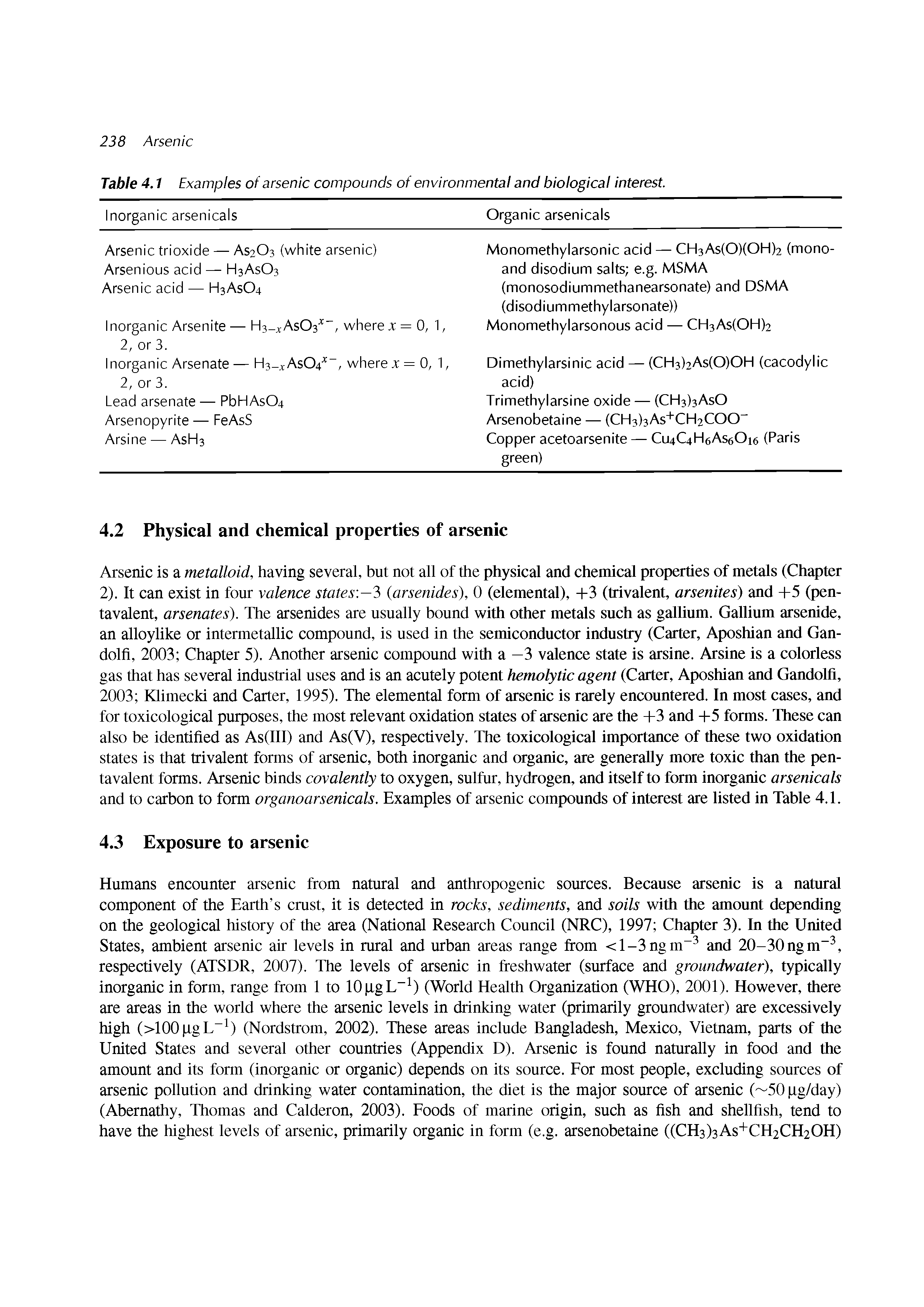 Table 4.1 Examples of arsenic compounds of environmental and biological interest. Inorganic arsenicals Organic arsenicals...