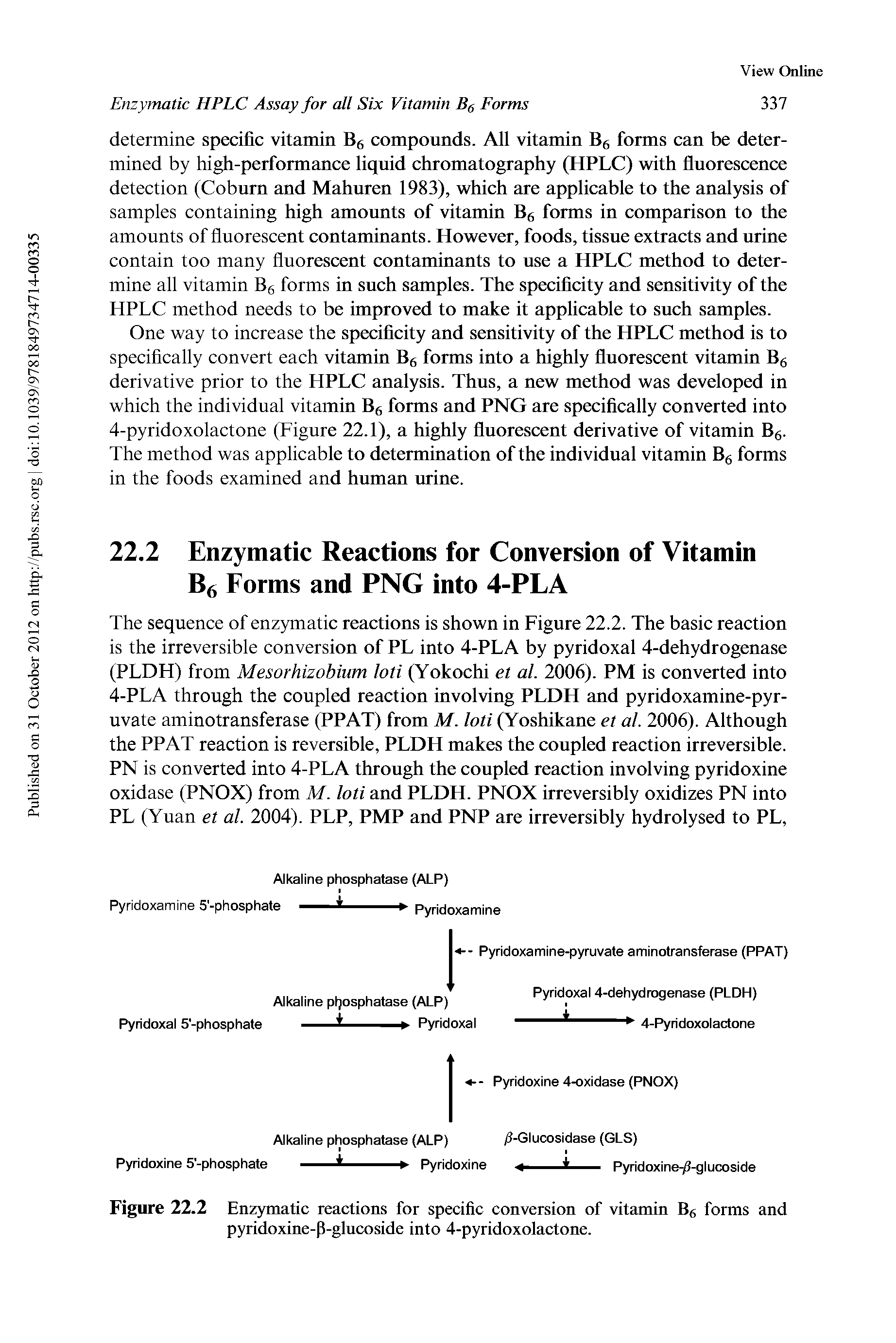 Figure 22.2 Enzymatic reactions for specific conversion of vitamin Bg forms and pyridoxine-P-glucoside into 4-pyridoxolactone.