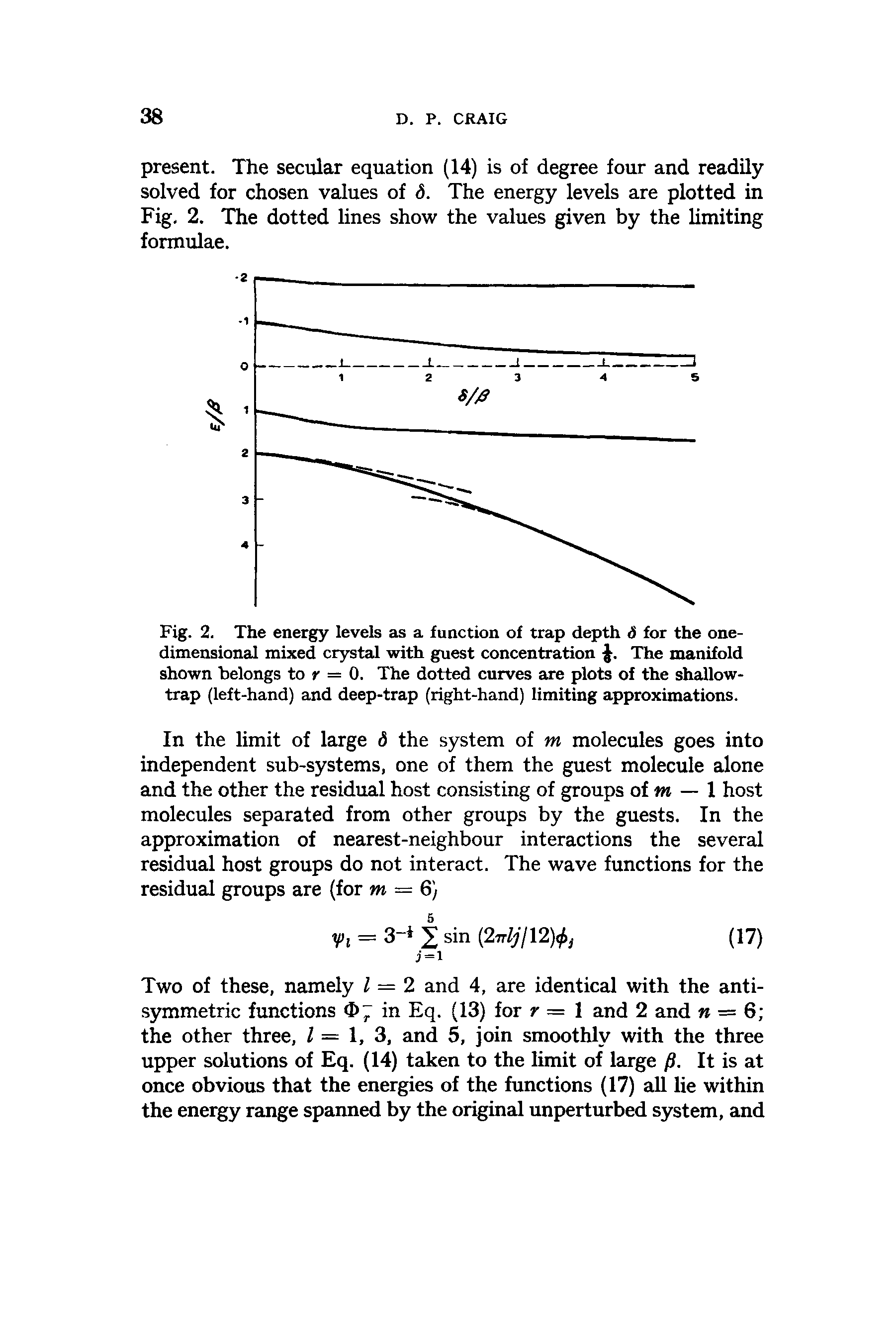 Fig. 2. The energy levels as a function of trap depth S for the onedimensional mixed crystal with guest concentration The manifold shown belongs to r = 0. The dotted curves are plots of the shallow-trap (left-hand) and deep-trap (right-hand) limiting approximations.