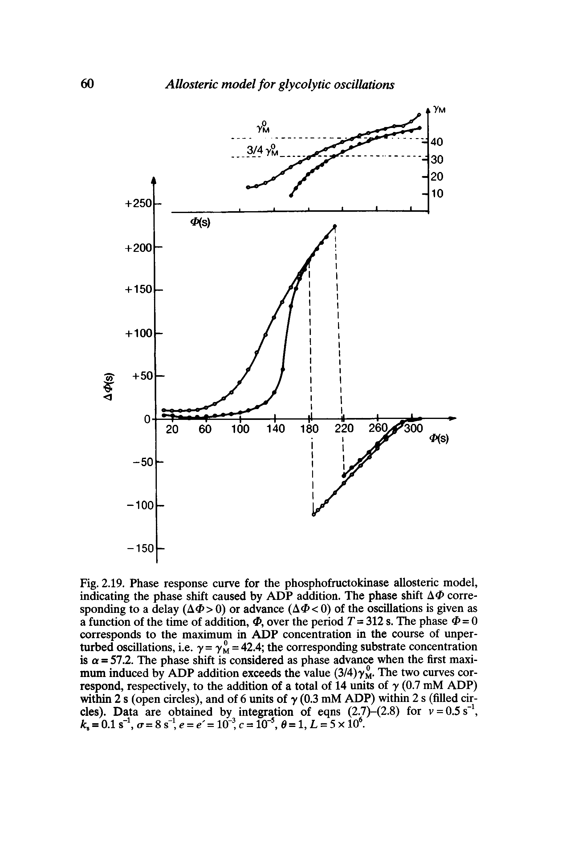 Fig. 2.19. Phase response curve for the phosphofructokinase allosteric model, indicating the phase shift caused by ADP addition. The phase shift A(P corresponding to a delay (A<P> 0) or advance (A<P< 0) of the oscillations is given as a fimction of the time of addition, 4>, over the period T = 312 s. The phase = 0 corresponds to the maximum in ADP concentration in the course of unperturbed oscillations, i.e. y= -/m = 42.4 the corresponding substrate concentration is a = 57.2. The phase shift is considered as phase advance when the first maximum induced by ADP addition exceeds the value (3/4)-yM. The two curves correspond, respectively, to the addition of a total of 14 units of y (0.7 mM ADP) within 2 s (open circles), and of 6 units of y (0.3 mM ADP) within 2 s (filled circles). Data are obtained by integration of eqns (2.7)-(2.8) for v = 0.5 s = 0.1 s ff = 8 s U = e = lOi c = 10 , e = 1, L = 5 X 10. ...