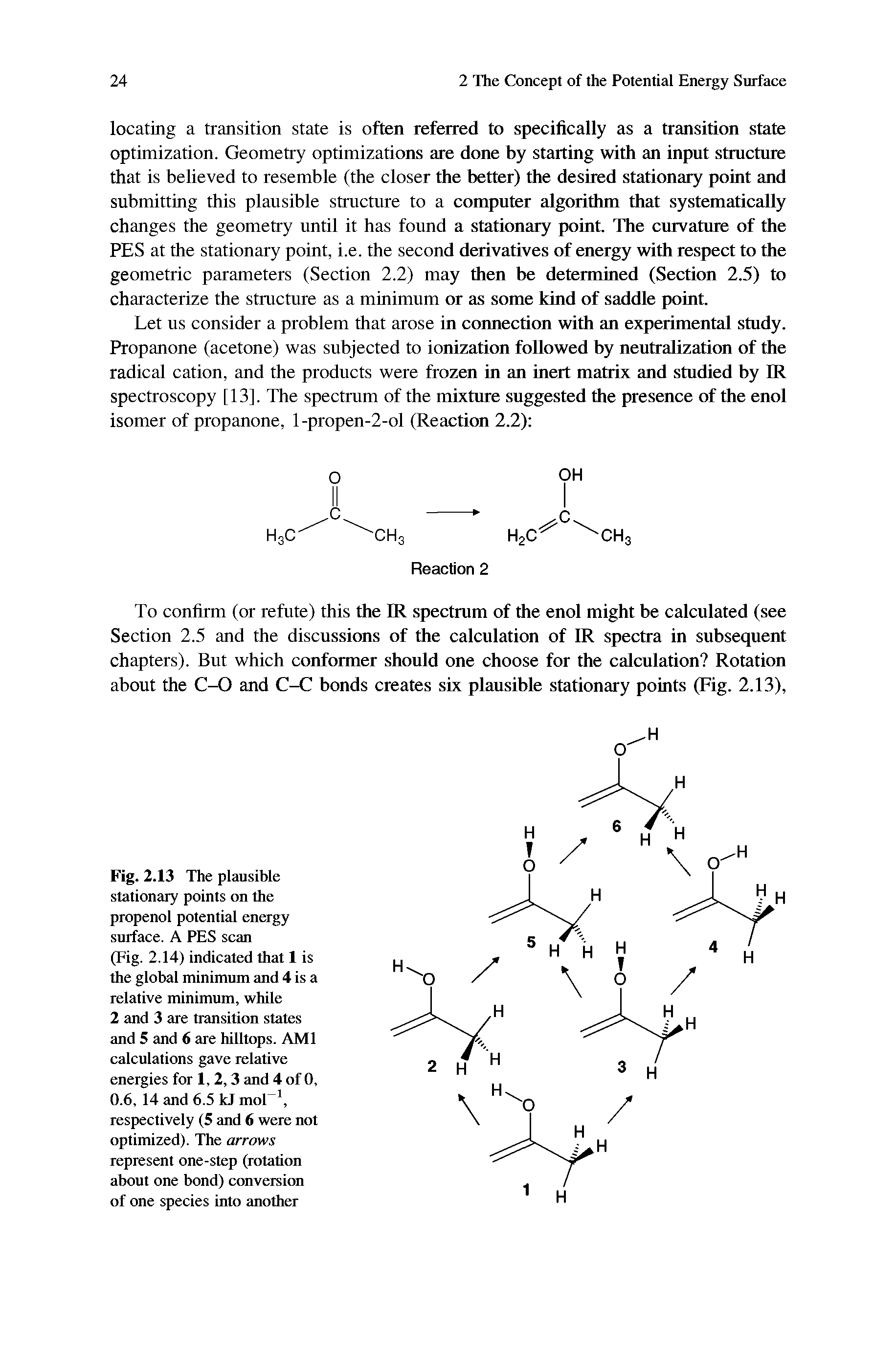 Fig. 2.13 The plausible stationary points on the propenol potential energy surface. A PES scan (Fig. 2.14) indicated that 1 is the global minimum and 4 is a relative minimum, while 2 and 3 are transition states and 5 and 6 are hilltops. AMI calculations gave relative energies for 1,2,3 and 4 of 0, 0.6, 14 and 6.5 kJ mol-1, respectively (5 and 6 were not optimized). The arrows represent one-step (rotation about one bond) conversion of one species into another...