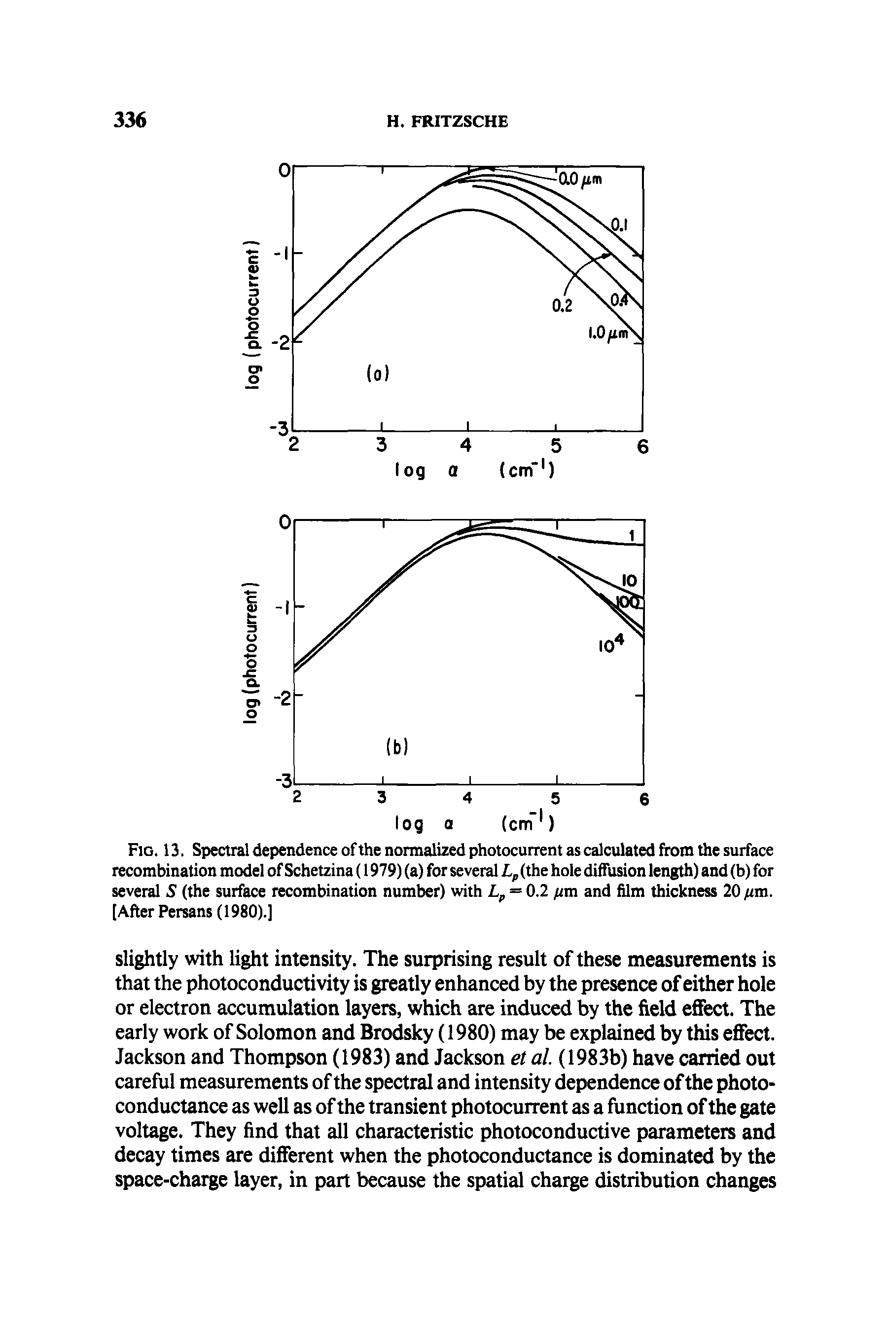 Fig. 13. Spectral dependence of the normalized photocurrent as calculated from the surface recombination model of Schetzina (1979) (a) for several L, (the hole diffusion length) and (b) for several S (the surface recombination number) with 0.2 fira and film thickness 20 nm. [After Persans (1980).]...