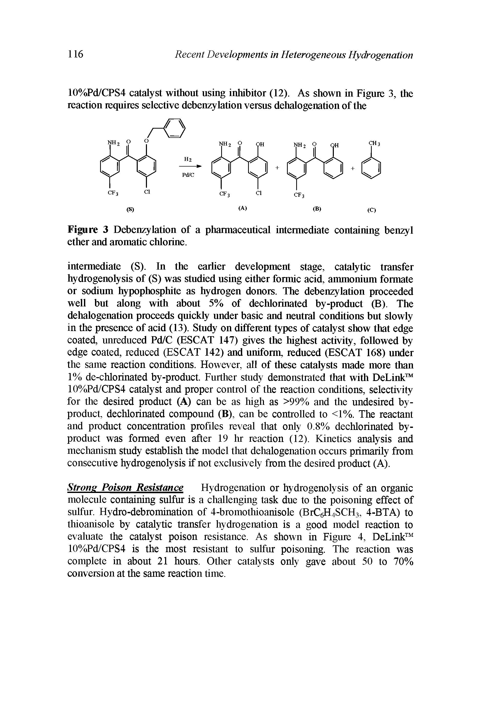 Figure 3 Debenzylation of a pharmaceutical intermediate containing benzyl ether and aromatic chlorine.