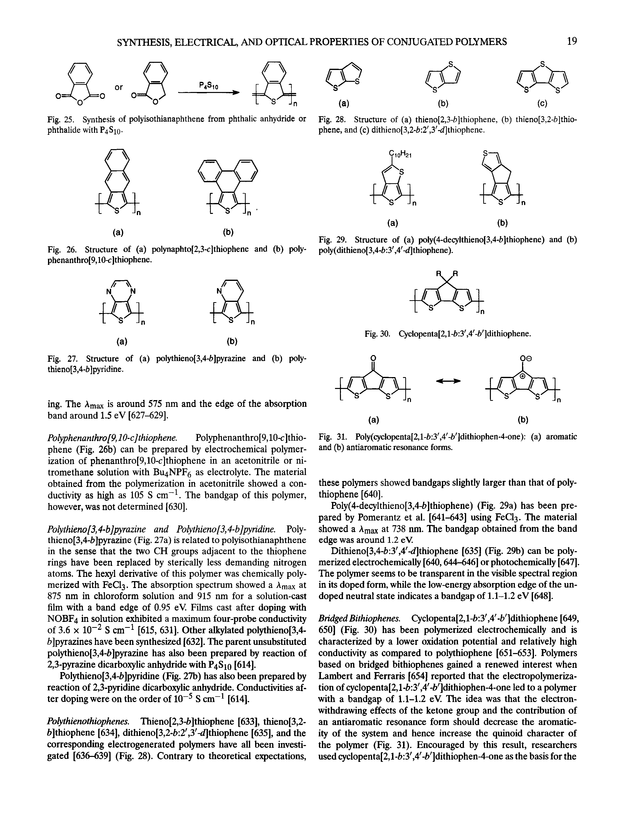 Fig. 25. Synthesis of polyisothianaphthene from phthalic anhydride or Fig. 28. Structure of (a) thieno[2,3-h]thiophene, (b) thieno[3,2-fc]thio-...