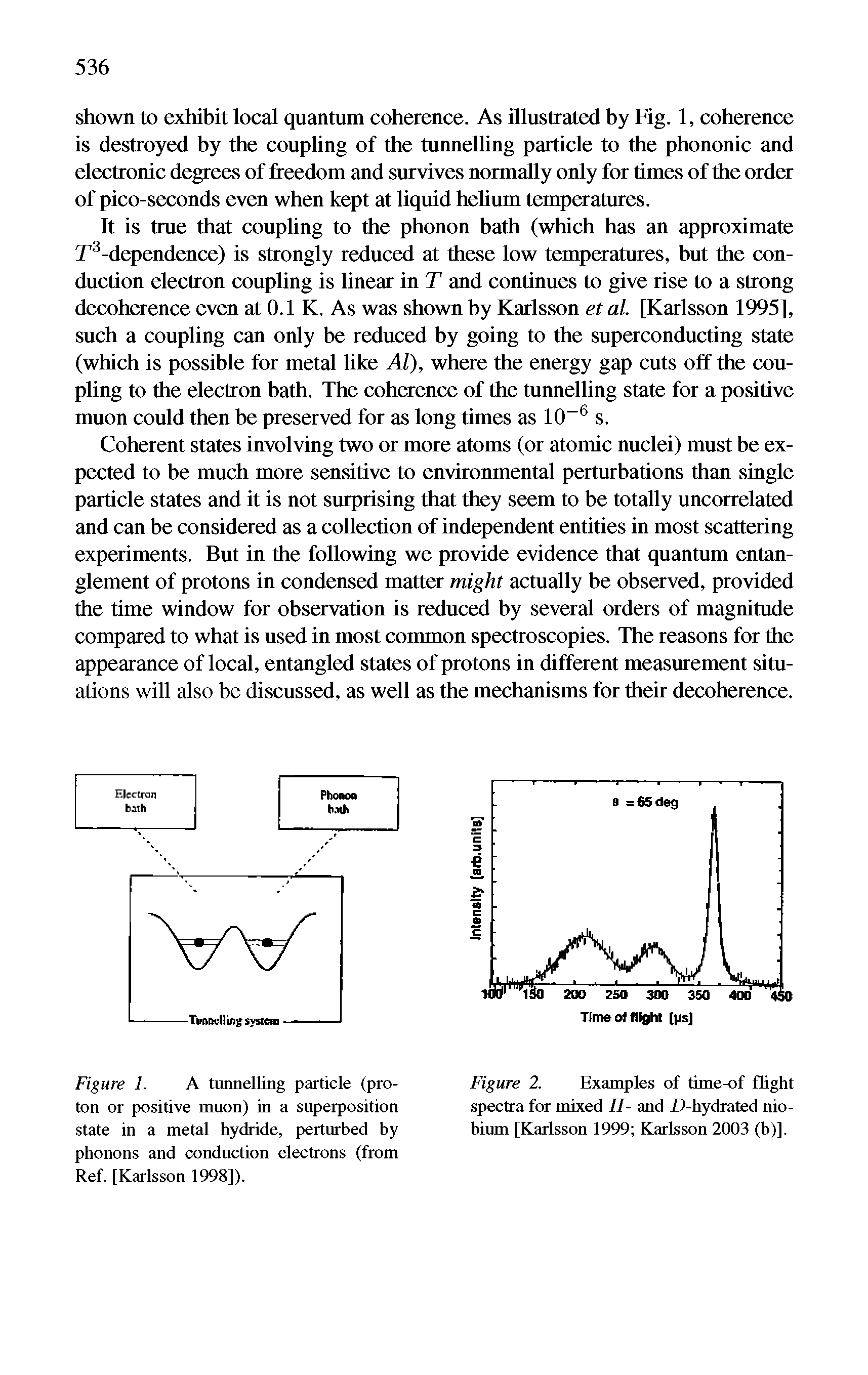 Figure 1. A tunnelling particle (proton or positive muon) in a superposition state in a metal hydride, perturbed by phonons and conduction electrons (from Ref. [Karlsson 1998]).