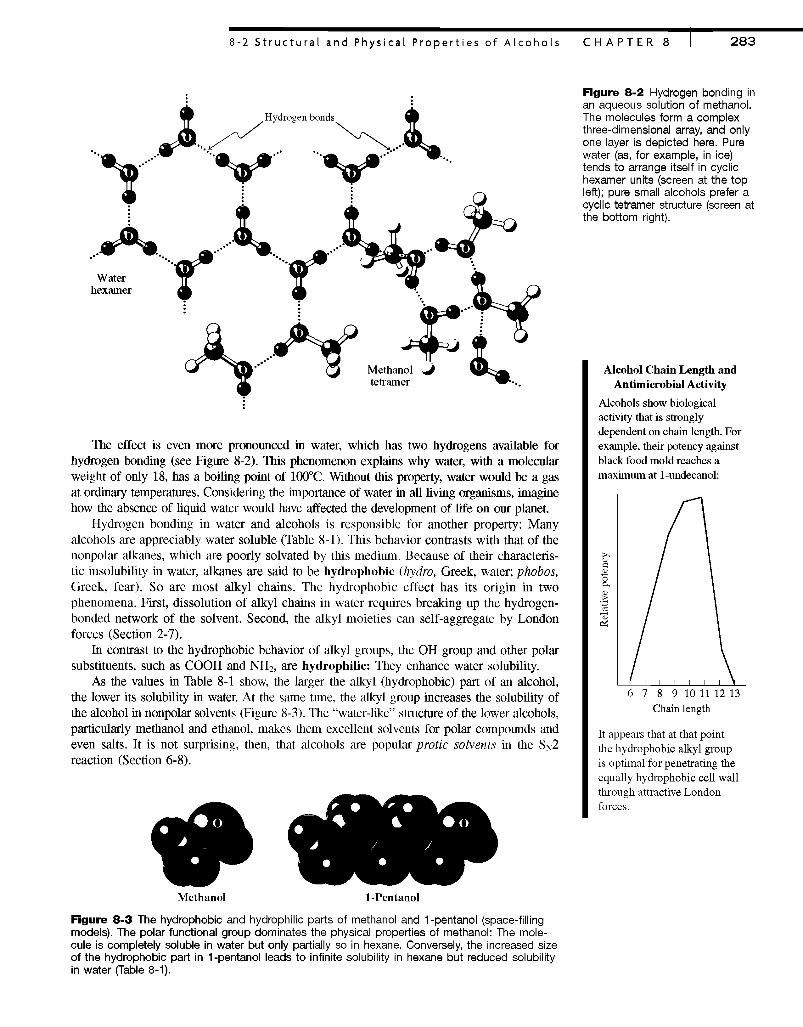Figure 8-3 The hydrophobic and hydrophilic parts of methanol and 1-pentanol (space-filling modeis). The poiar functionai group dominates the physical properties of methanol The molecule is completely soluble in water but only partially so in hexane. Conversely, the increased size of the hydrophobic part in 1-pentanol leads to infinite solubility in hexane but reduced solubility in water (Table 8-1).