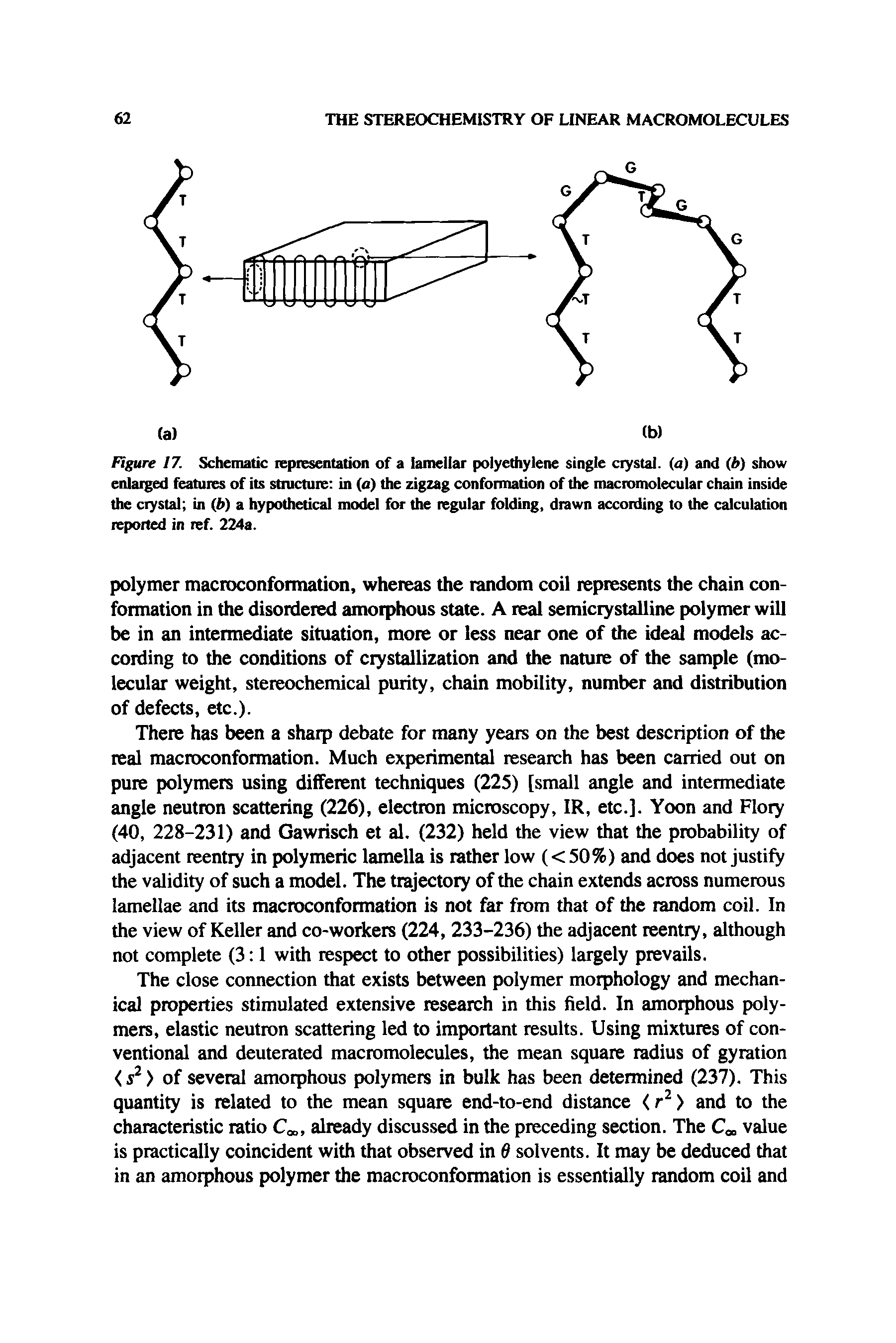 Figure 17. Schematic lepiesentation of a lamellar polyethylene single ciystal. (a) and (b) show enlaiged features of its stnicture in (o) the zigzag conformation of the macromolecular chain inside the crystal in (b) a hypothetical model for the regular folding, drawn according to the calculation reported in ref. 224a.