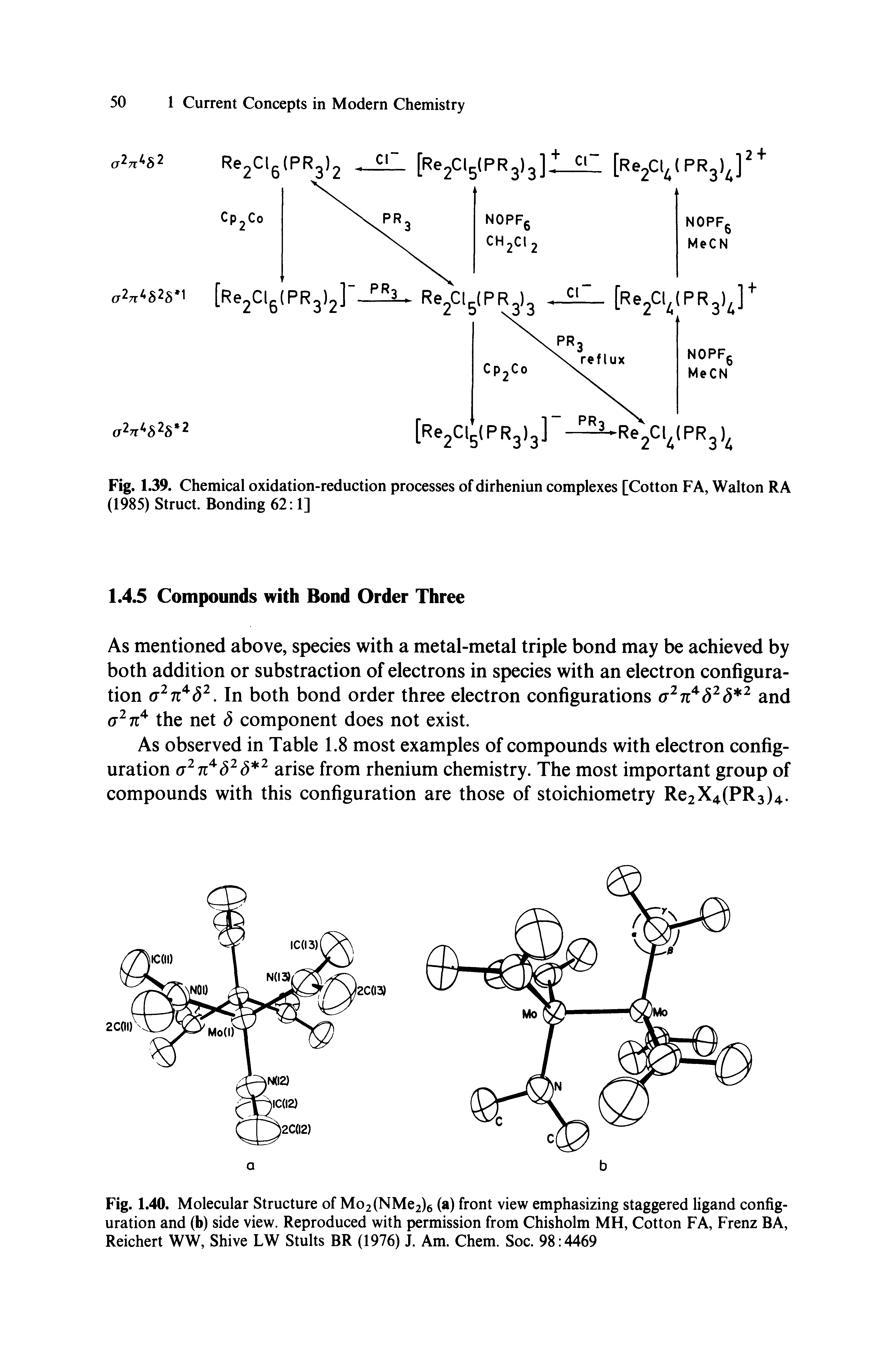Fig. 1.39. Chemical oxidation-reduction processes ofdirheniun complexes [Cotton FA, Walton RA (1985) Struct. Bonding 62 1]...