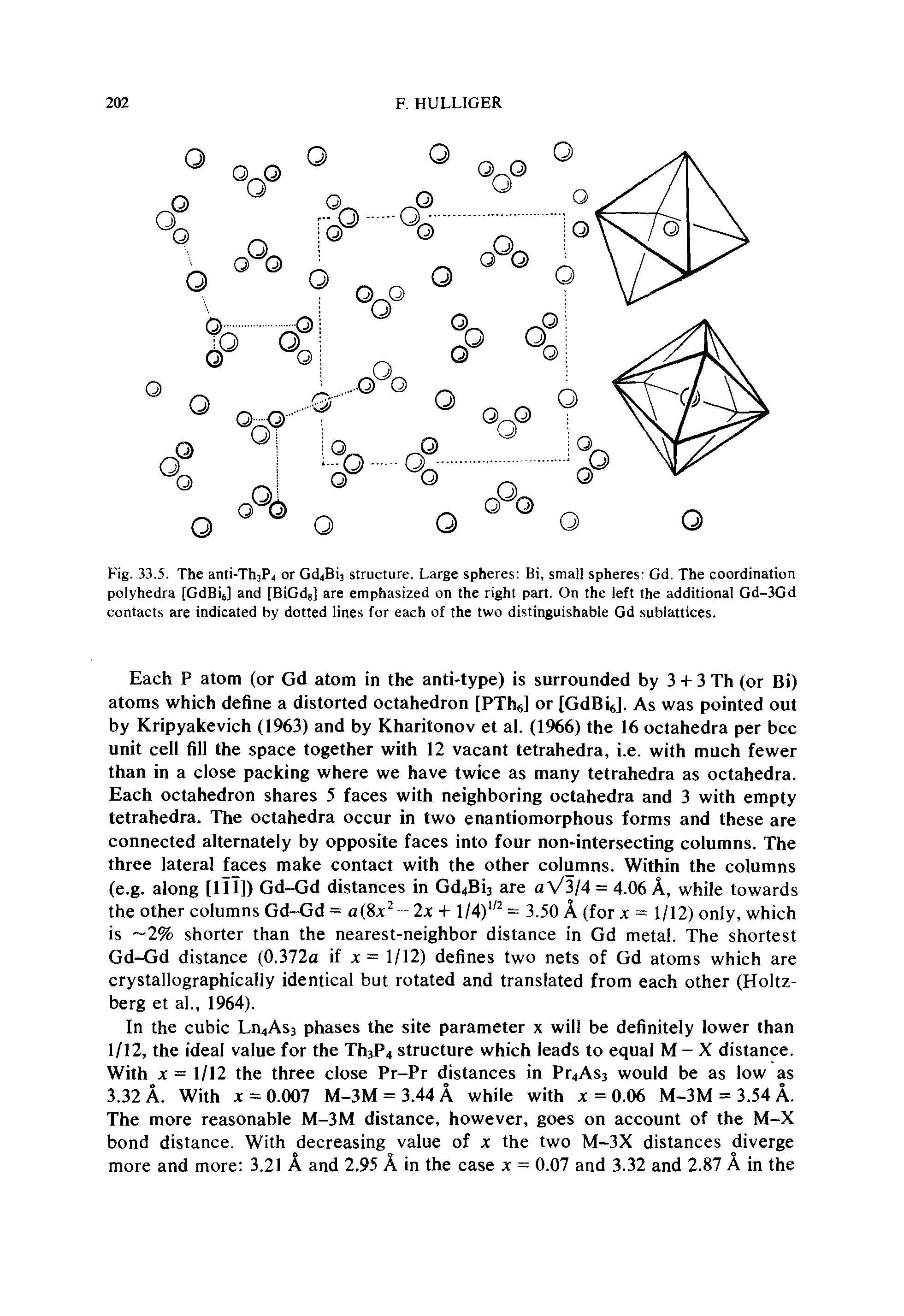 Fig. 33,5. The anti-Th3P4 or Gd Bis structure. Large spheres Bi, small spheres Gd. The coordination polyhedra [GdBij] and [BiGde] are emphasized on the right part. On the left the additional Gd-3Gd contacts are indicated by dotted lines for each of the two distinguishable Gd sublattices.