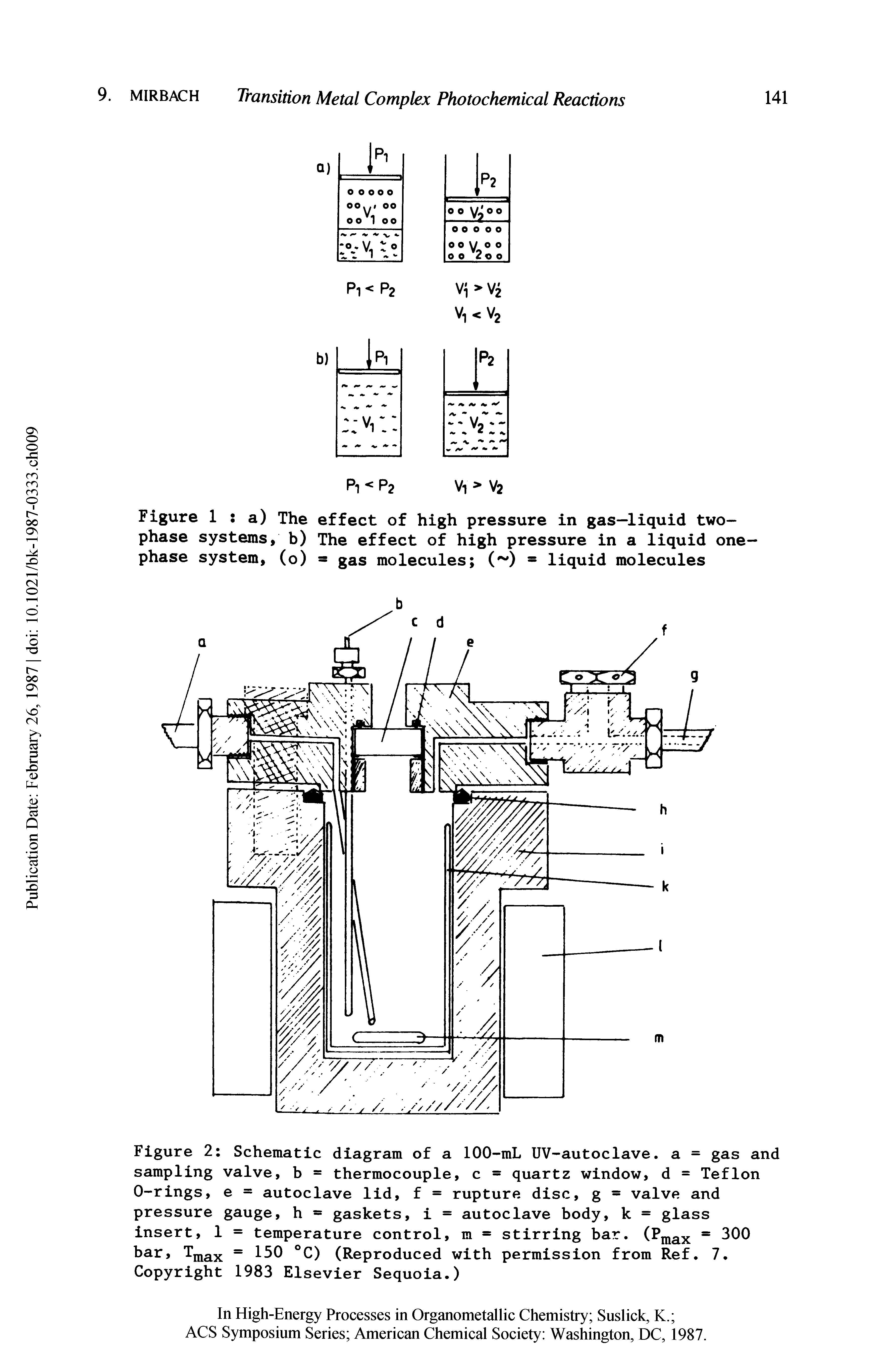 Figure 2 Schematic diagram of a 100-mL UV-autoclave. a = gas and sampling valve, b = thermocouple, c = quartz window, d = Teflon O-rings, e = autoclave lid, f = rupture disc, g = valve and pressure gauge, h gaskets, i = autoclave body, k = glass insert, 1 = temperature control, m stirring bar. (Pmax 300 bar, Tmax = 150 °C) (Reproduced with permission from Ref. 7. Copyright 1983 Elsevier Sequoia.)...