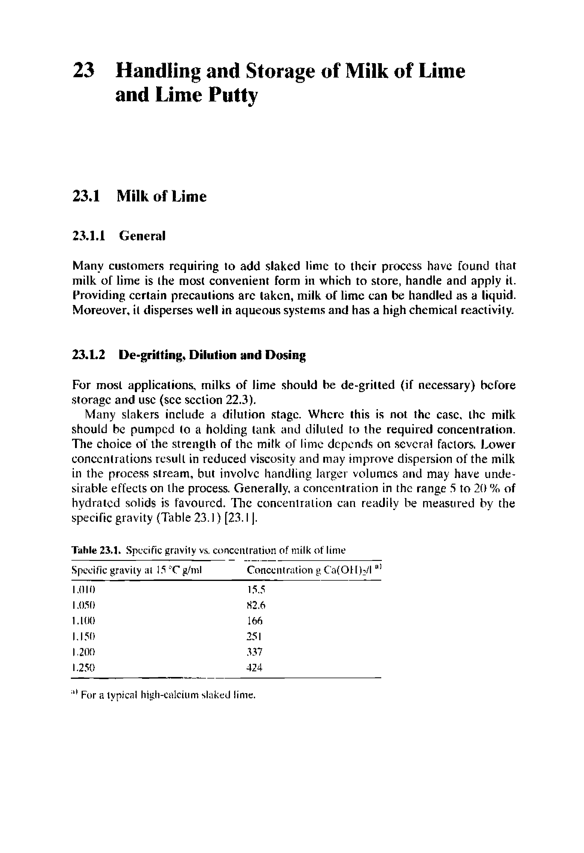 Table 23.1. Specific gravily vs, concentration of milk of lime Specific gravity at l.S C g/ml...