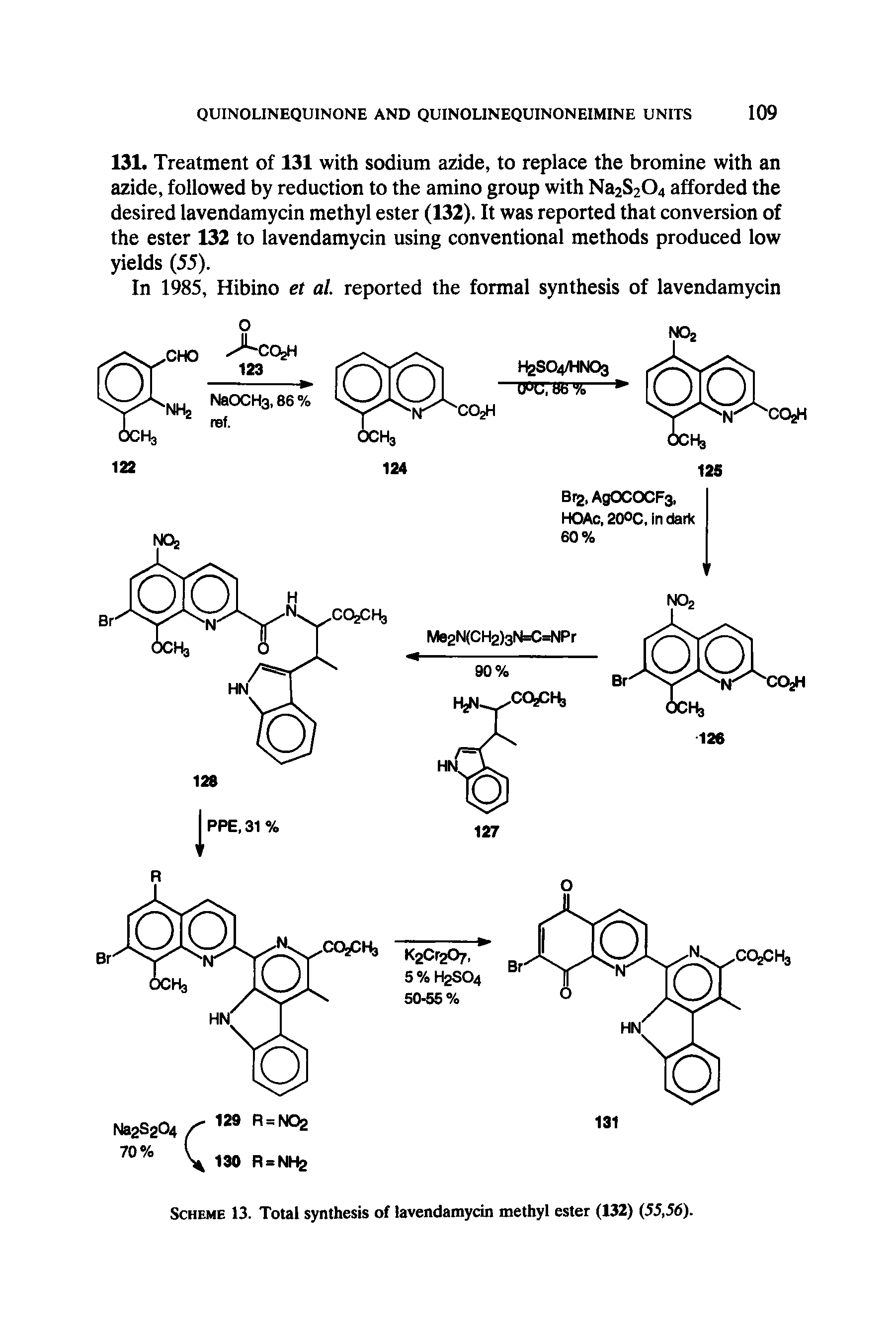 Scheme 13. Total synthesis of lavendamycin methyl ester (132) (55,56).
