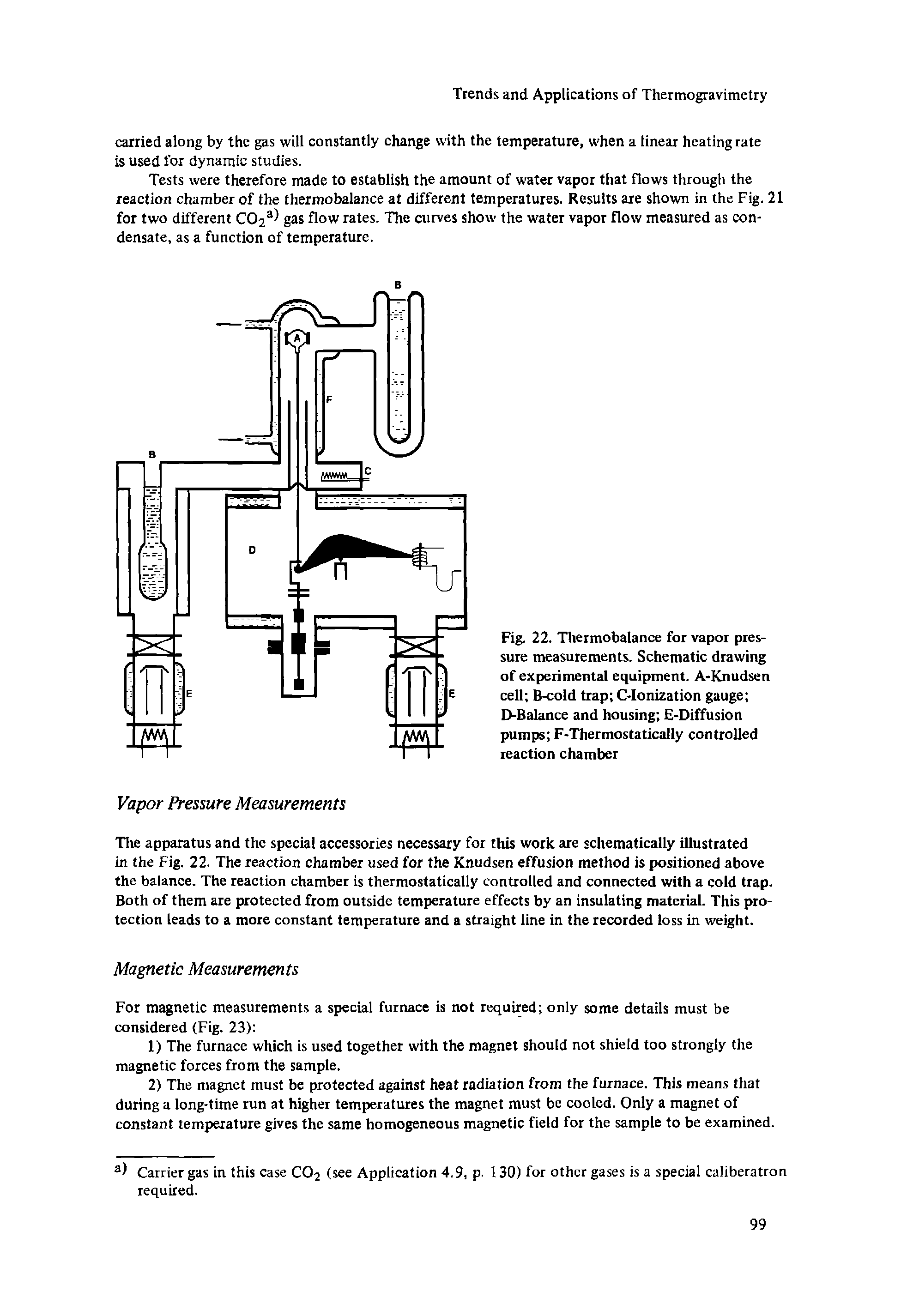 Fig. 22. Thermobalance for vapor pressure measurements. Schematic drawing of experimental equipment. A-Knudsen cell B-cold trap C-Ionization gauge D-Balance and housing E-Diffusion pumps F-Thermostatically controlled reaction chamber...