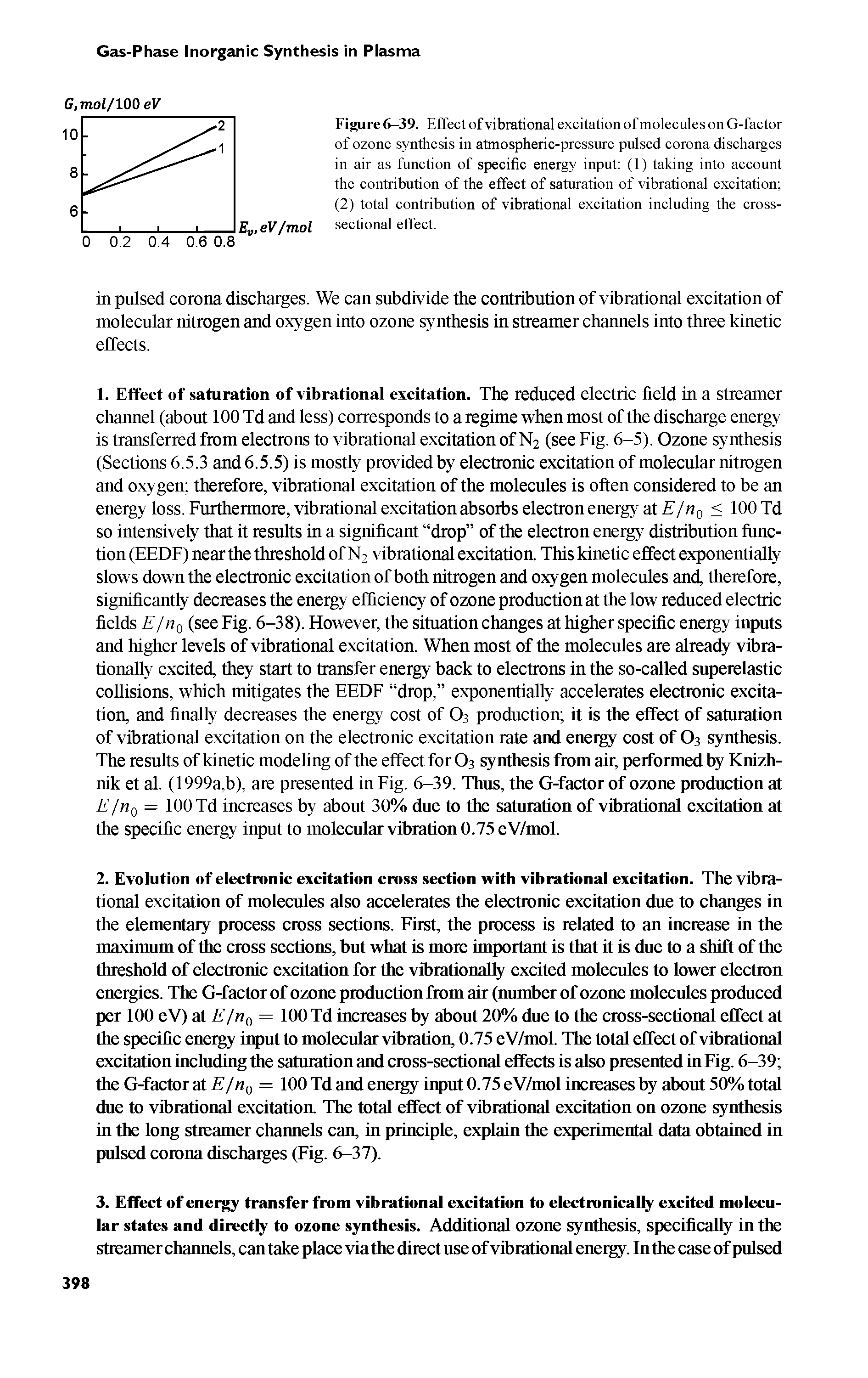 Figure 6-39. Effect of vibrational excitation of molecules on G-factor of ozone synthesis in atmospheric-pressure pulsed corona discharges in air as function of specific energy input (1) taking into account the contribution of the effect of saturation of vibrational excitation (2) total contribution of vibrational excitation including the cross-sectional effect.