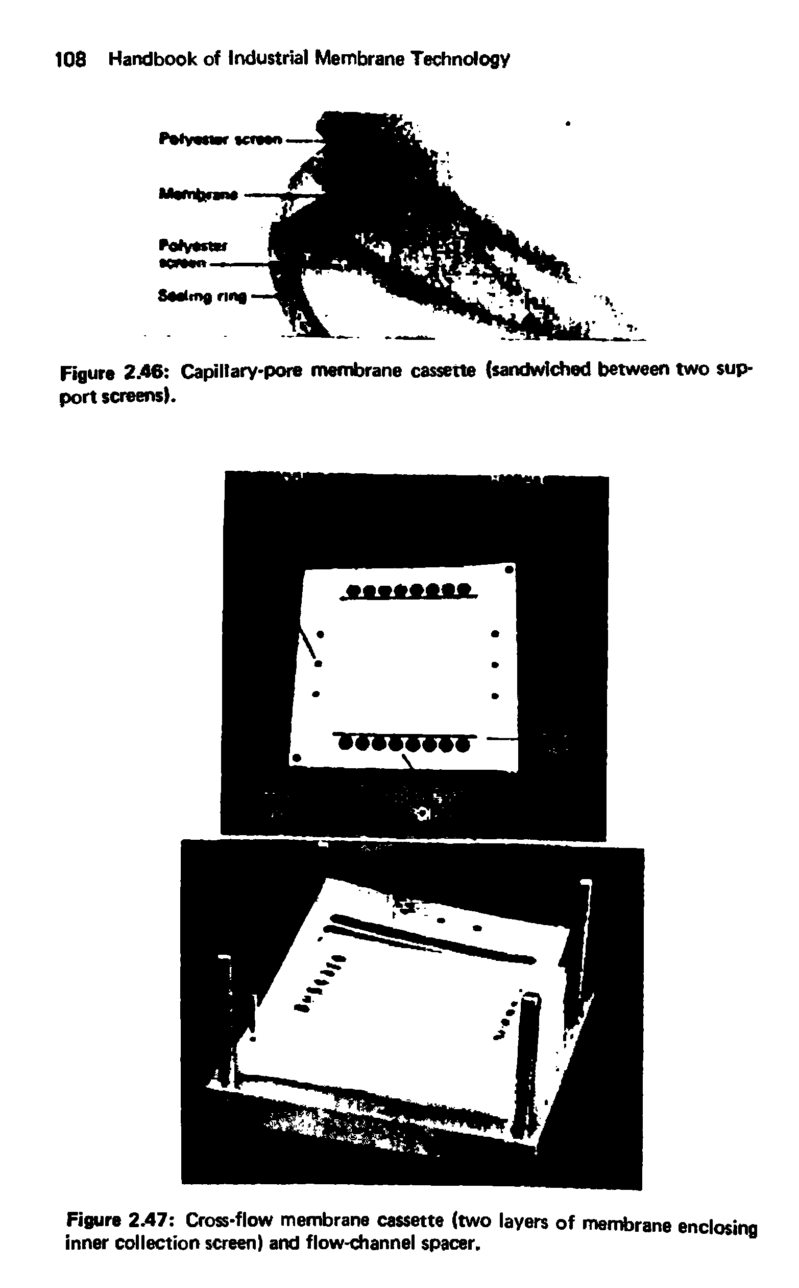 Figure 2.47 Cross-flow membrane cassette (two layers of membrane enclosing inner collection screen) and flow-channel spacer.