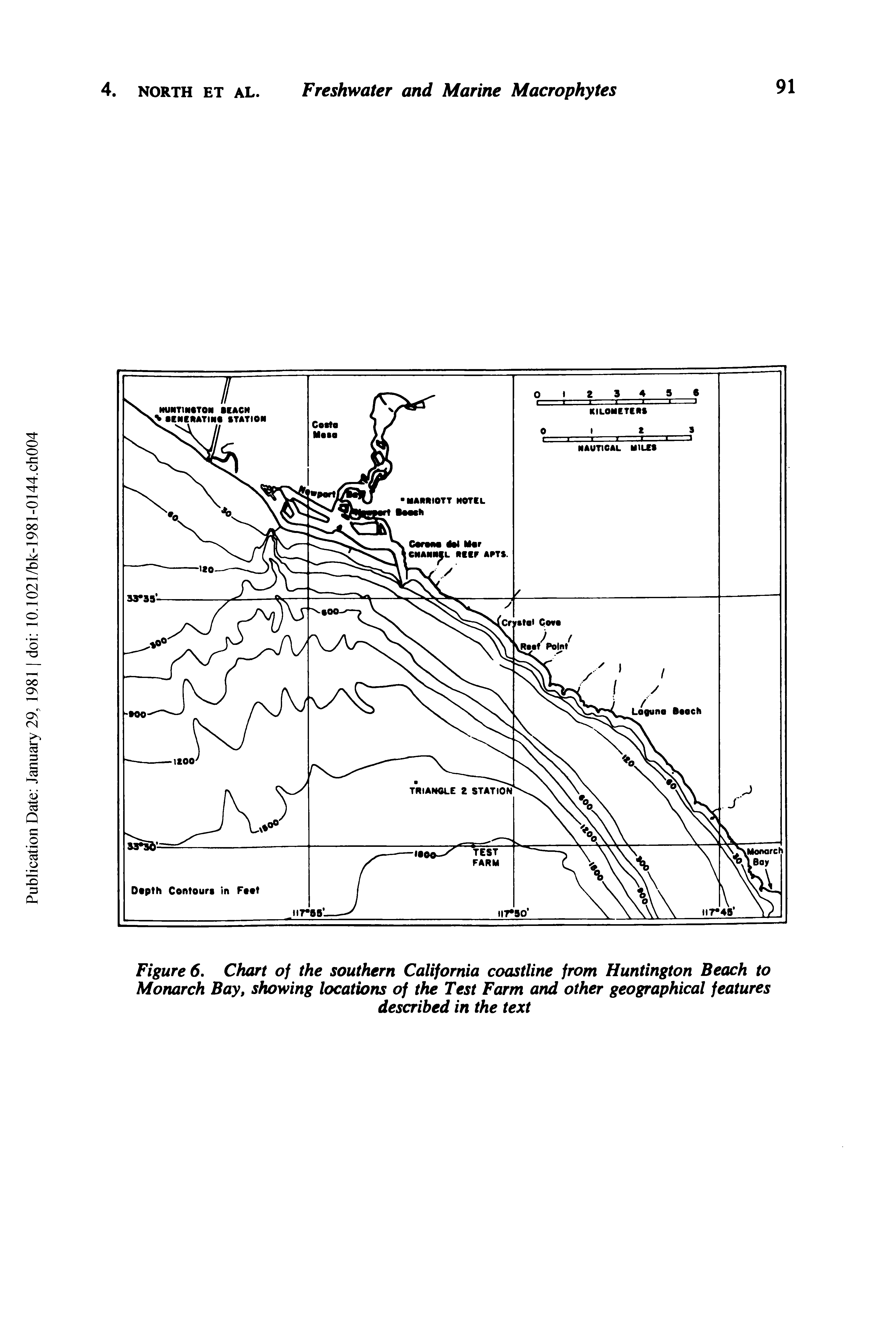 Figure 6, Chart of the southern California coastline from Huntington Beach to Monarch Bay, showing locations of the Test Farm and other geographical features...