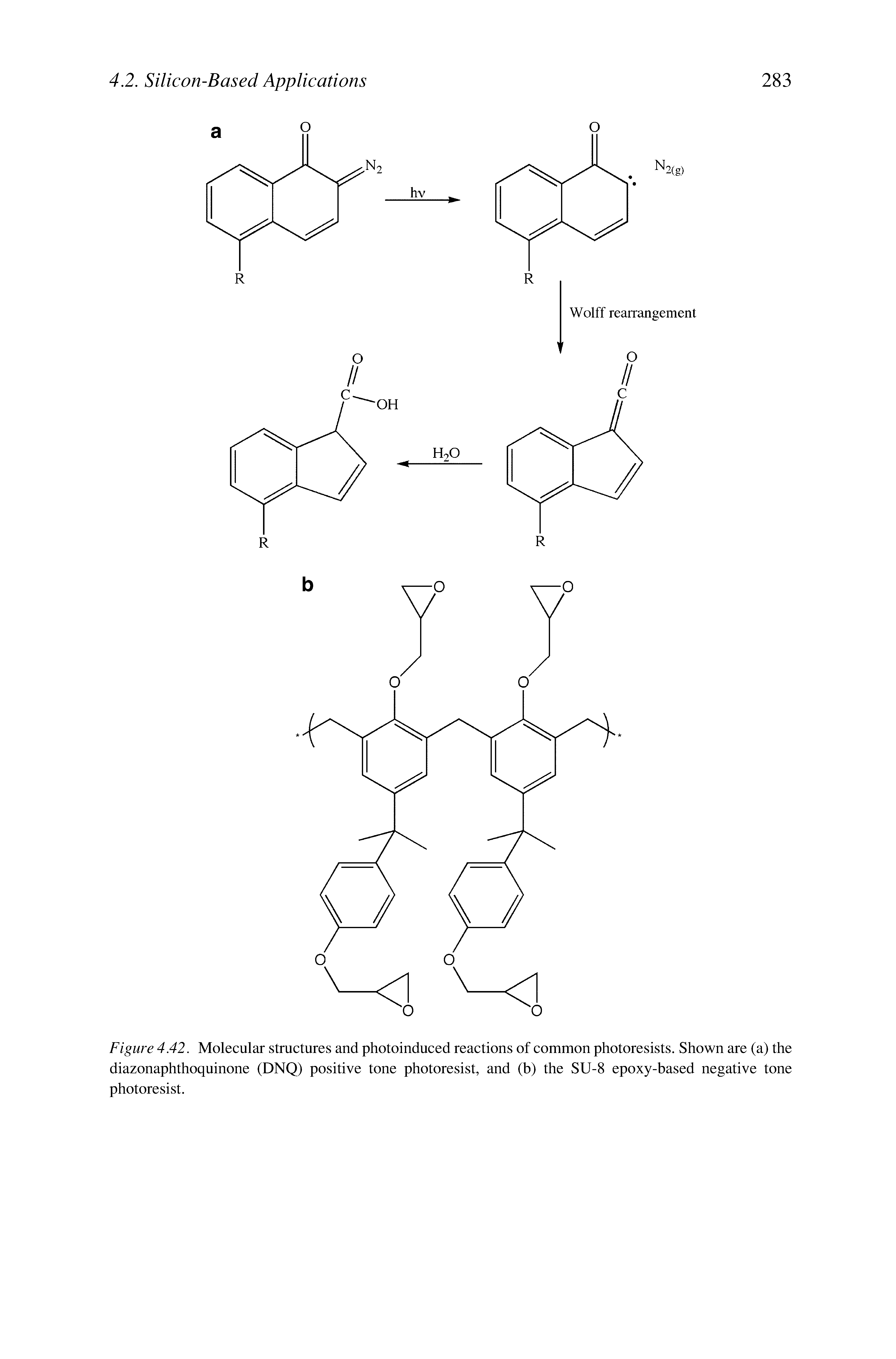 Figure 4.42. Molecular structures and photoinduced reactions of common photoresists. Shown are (a) the diazonaphthoquinone (DNQ) positive tone photoresist, and (b) the SU-8 epoxy-based negative tone photoresist.