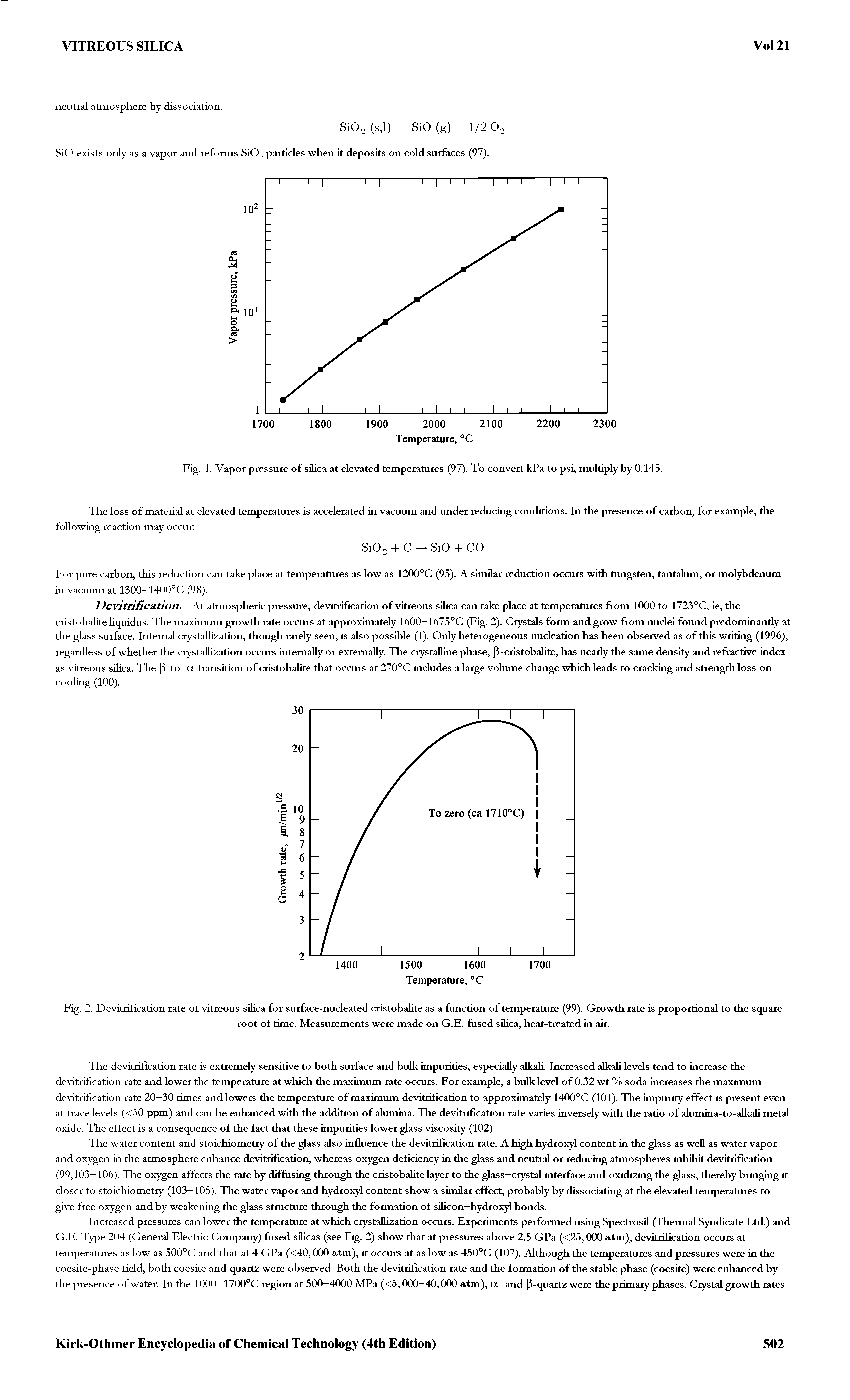 Fig. 2. Devitrification rate of vitreous silica for surface-nucleated cristobalite as a function of temperature (99). Growth rate is proportional to the square...