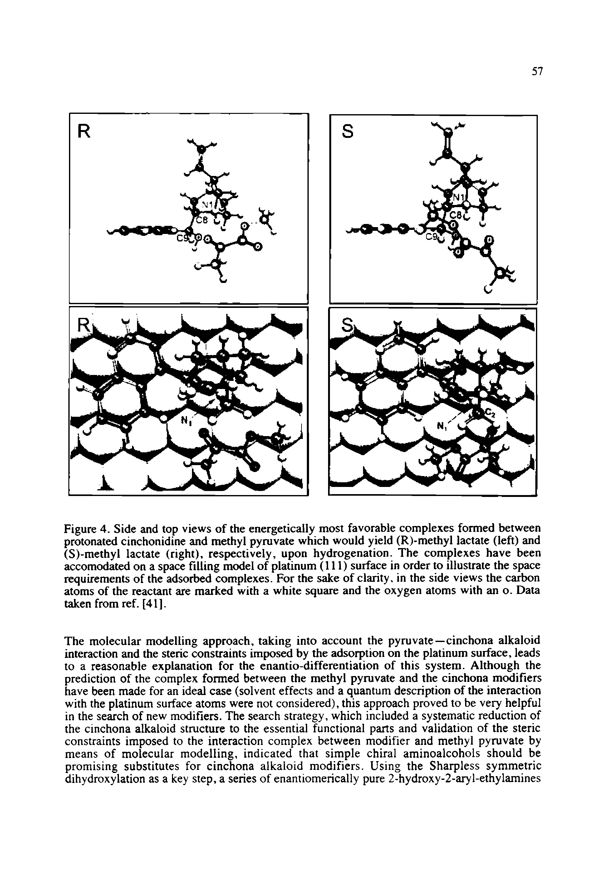 Figure 4. Side and top views of the energetically most favorable complexes formed between protonated cinchonidine and methyl pyruvate which would yield (R)-methyl lactate (left) and (S)-methyl lactate (right), respectively, upon hydrogenation. The complexes have been accomodated on a space filling model of platinum (111) surface in order to illustrate the space requirements of the adsorbed complexes. For the sake of clarity, in the side views the carbon atoms of the reactant are marked with a white square and the oxygen atoms with an o. Data taken from ref. [41].