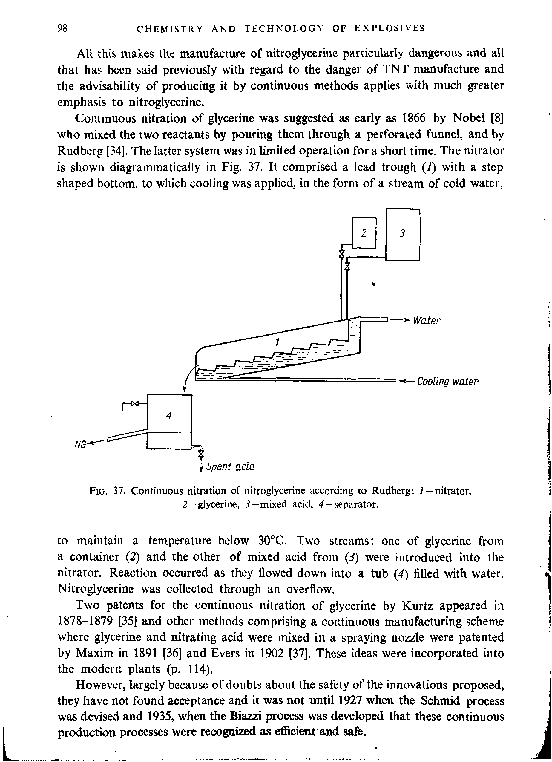 Fig. 37. Continuous nitration of nitroglycerine according to Rudberg l— nitrator,...
