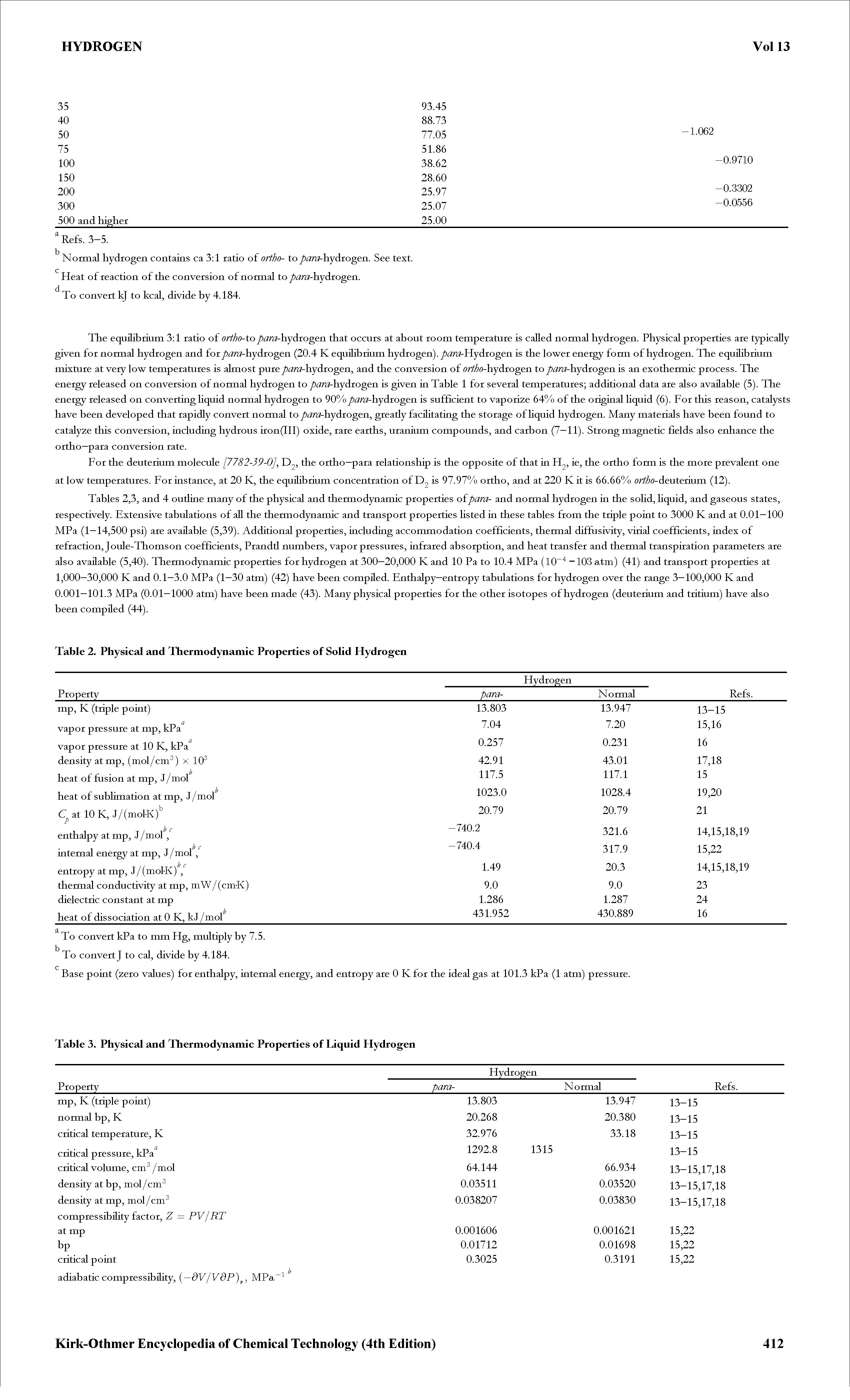 Tables 2,3, and 4 outline many of the physical and thermodynamic properties ofpara- and normal hydrogen in the sohd, hquid, and gaseous states, respectively. Extensive tabulations of all the thermodynamic and transport properties hsted in these tables from the triple point to 3000 K and at 0.01—100 MPa (1—14,500 psi) are available (5,39). Additional properties, including accommodation coefficients, thermal diffusivity, virial coefficients, index of refraction, Joule-Thorns on coefficients, Prandti numbers, vapor pressures, infrared absorption, and heat transfer and thermal transpiration parameters are also available (5,40). Thermodynamic properties for hydrogen at 300—20,000 K and 10 Pa to 10.4 MPa (lO " -103 atm) (41) and transport properties at 1,000—30,000 K and 0.1—3.0 MPa (1—30 atm) (42) have been compiled. Enthalpy—entropy tabulations for hydrogen over the range 3—100,000 K and 0.001—101.3 MPa (0.01—1000 atm) have been made (43). Many physical properties for the other isotopes of hydrogen (deuterium and tritium) have also been compiled (44).