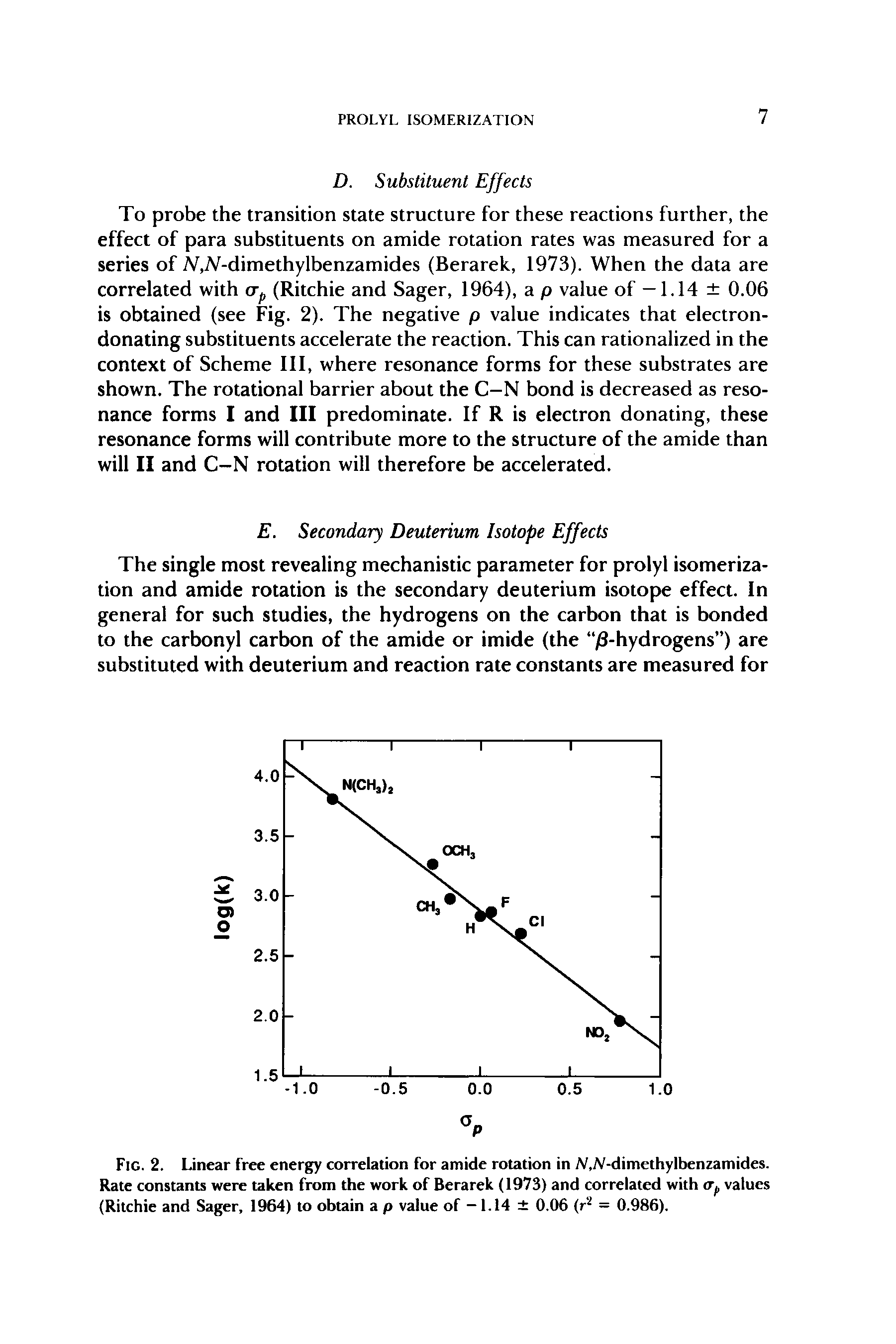 Fig. 2. Linear free energy correlation for amide rotation in Af,Af-dimethylbenzamides. Rate constants were taken from the work of Berarek (1973) and correlated with values (Ritchie and Sager, 1964) to obtain a p value of -1.14 0.06 (r = 0.986).