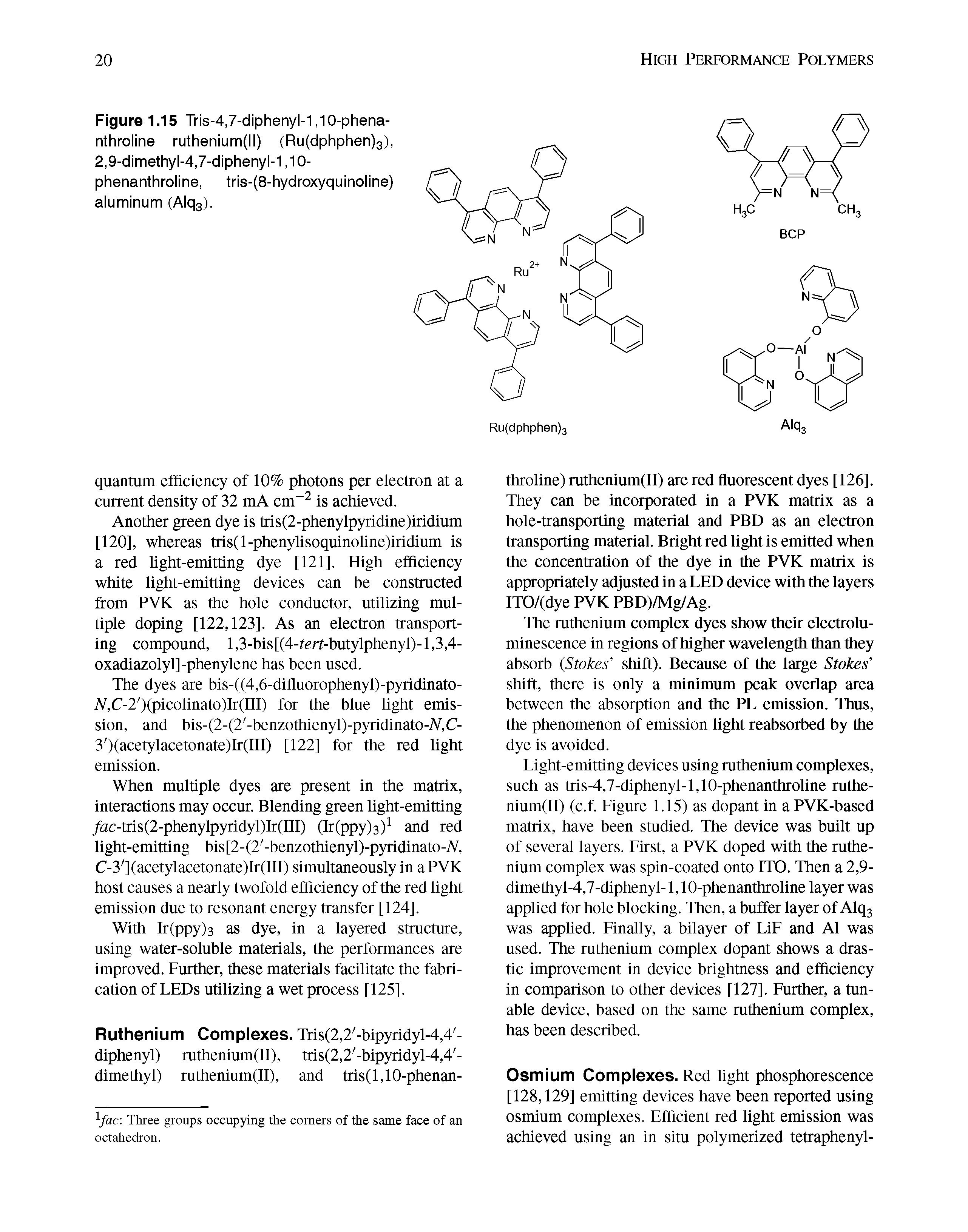 Figure 1.15 Tris-4,7-diphenyl-1,10-phena-nthroline ruthenium(ll) (Ru(dphphen)3), 2,9-dimethyl-4,7-diphenyl-1,10-phenanthroline, tris-(8-hydroxyquinoline) aluminum (Alqs).