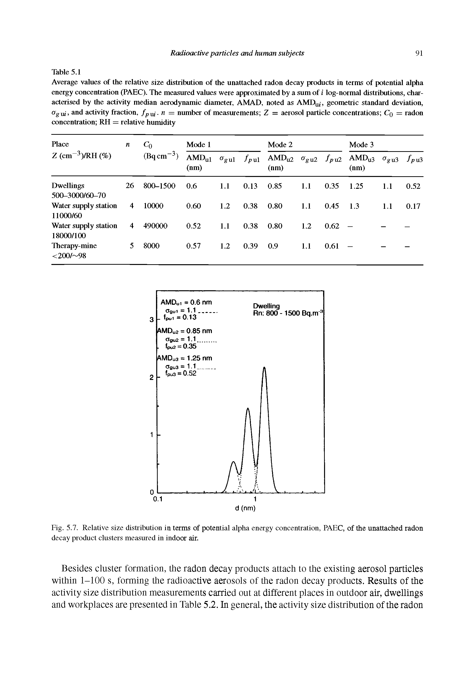 Fig. 5.7. Relative size distribution in terms of potential alpha energy concentration, PAEC, of the unattached radon decay product clusters measured in indoor air.