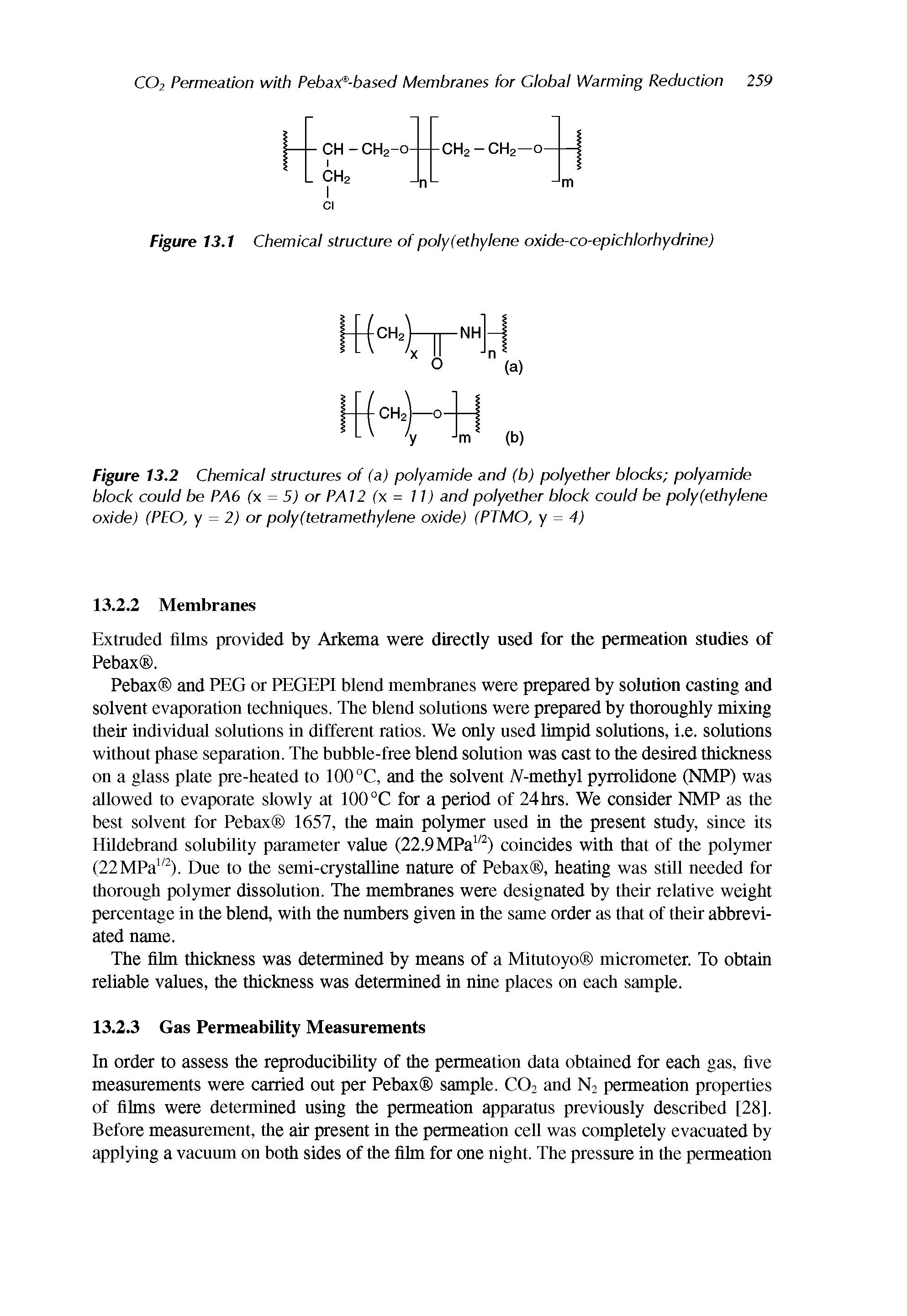 Figure 13.2 Chemical structures of (a) polyamide and (b) polyether blocks polyamide block could be PA6 (x = 5) or PA12 (x = 11) and polyether block could be polyfethylene oxide) (PEO, y = 2) or polyftetramethylene oxide) (PTMO, y = 4)...