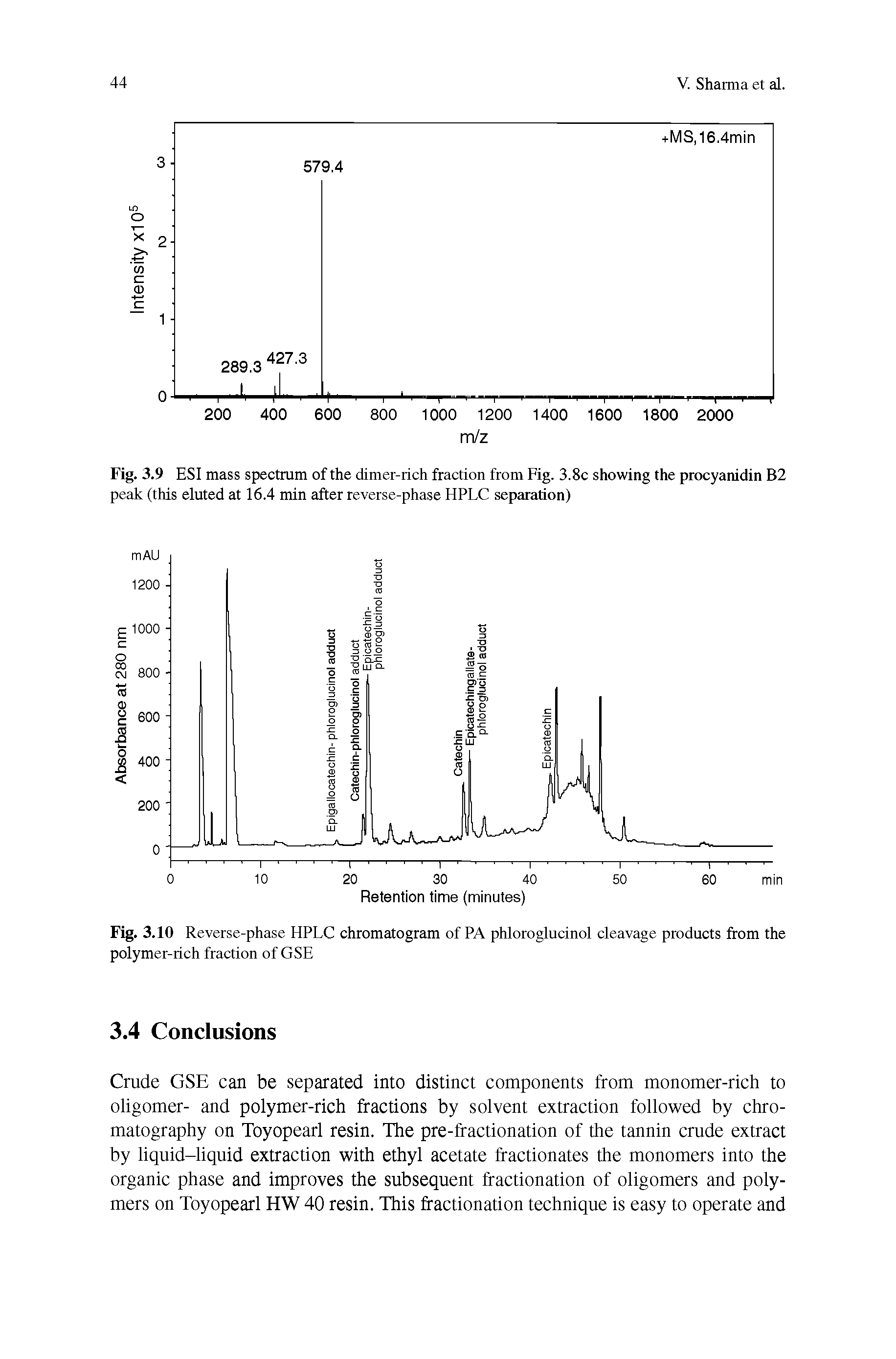 Fig. 3.9 ESI mass spectrum of the dimer-rich fraction from Fig. 3.8c showing the procyanidin B2 peak (this eluted at 16.4 min after reverse-phase HPLC separation)...