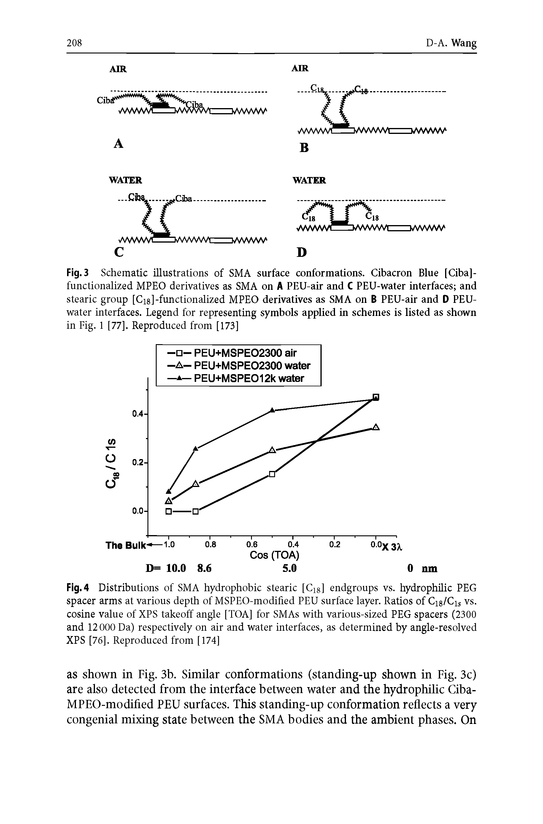 Fig. 3 Schematic illustrations of SMA surface conformations. Cibacron Blue [Ciba]-functionalized MPEO derivatives as SMA on A PEU-air and C PEU-water interfaces and stearic group [Cis]-functionalized MPEO derivatives as SMA on B PEU-air and D PEU-water interfaces. Legend for representing symbols applied in schemes is listed as shown in Fig. 1 [77]. Reproduced from [173]...