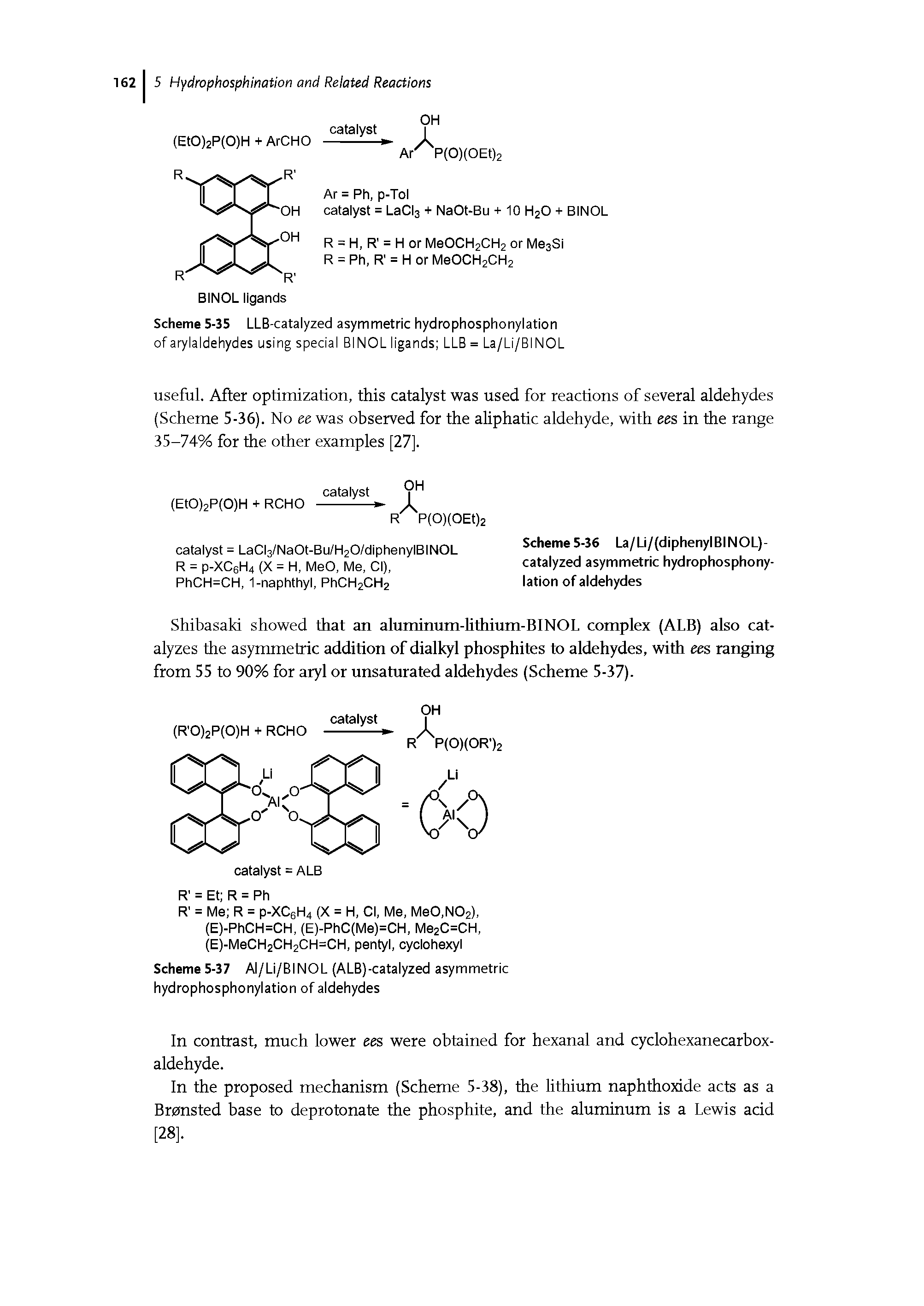 Scheme 5-36 La/Li/(diphenylBINOL)-catalyzed asymmetric hydrophosphonylation of aldehydes...