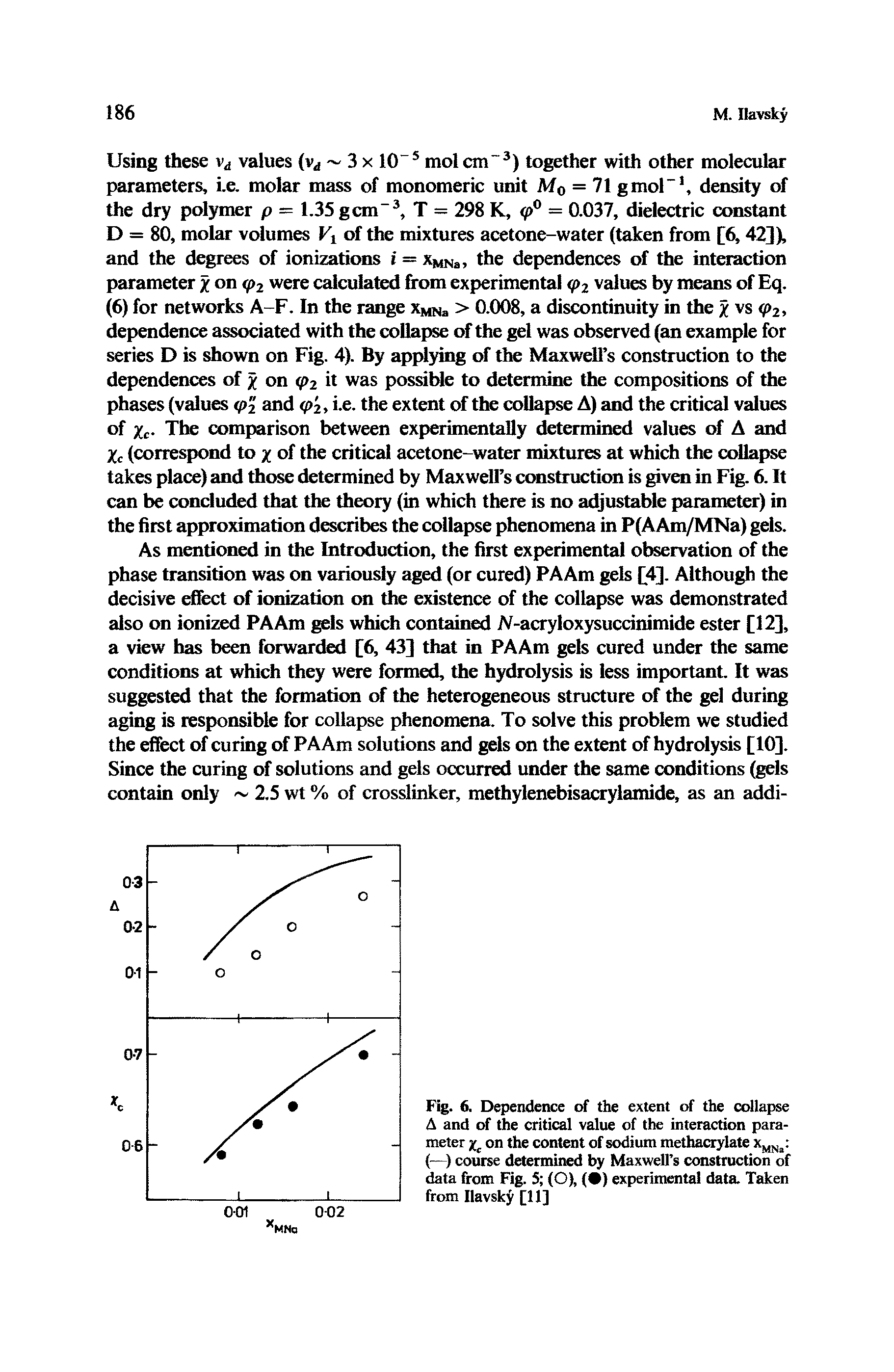 Fig. 6. Dependence of the extent of the collapse A and of the critical value of the interaction parameter yc on the content of sodium methacrylate xMNj (—) course determined by Maxwell s construction of data from Fig. 5 (O), ( ) experimental data. Taken from Ilavsky [11]...