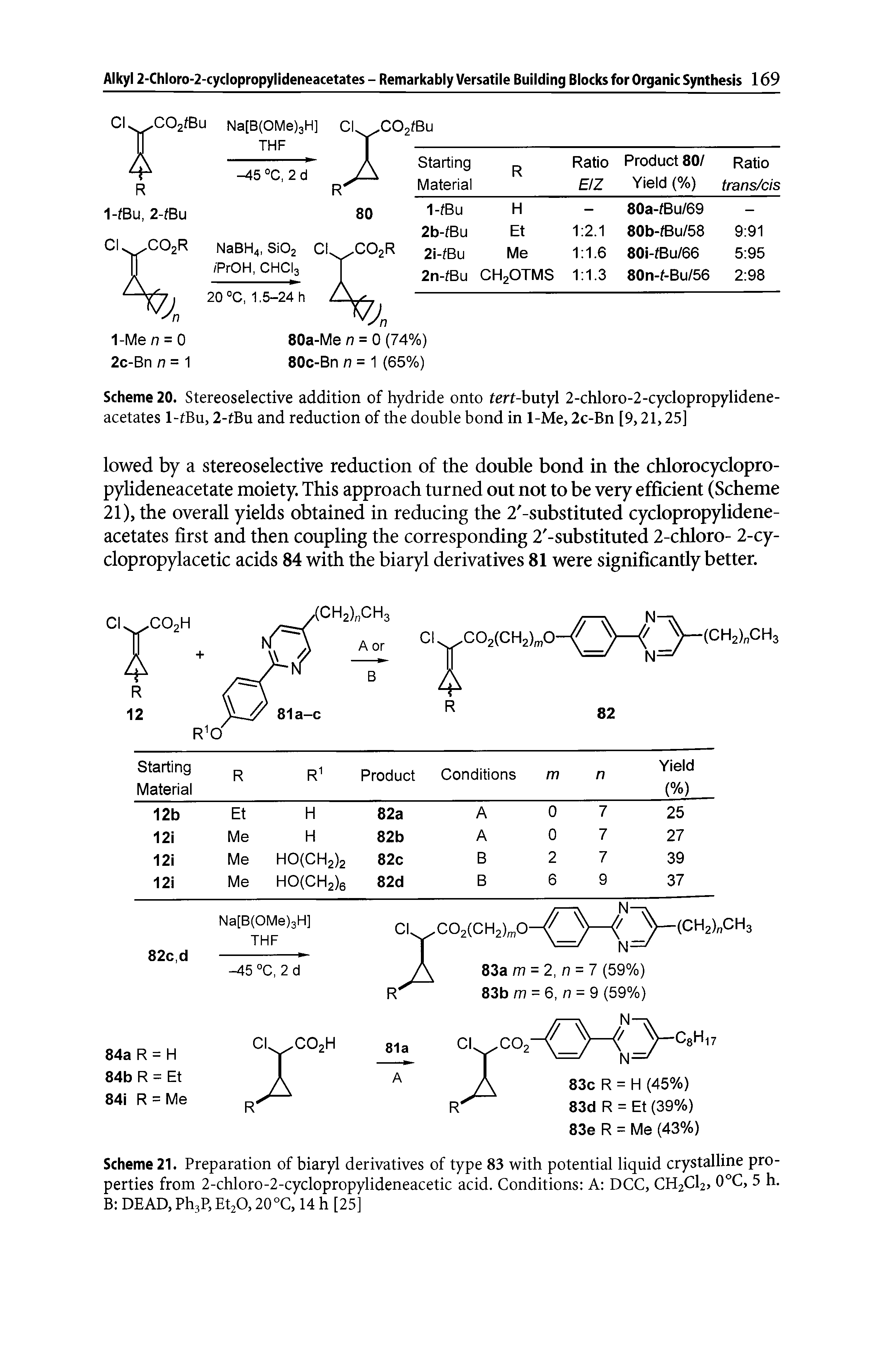 Scheme 21. Preparation of biaryl derivatives of type 83 with potential liquid crystalline properties from 2-chloro-2-cyclopropylideneacetic acid. Conditions A DCC, CH2CI2, 0°C, 5 h. B DEAD, Ph3P, Et20,20°C, 14 h [25]...