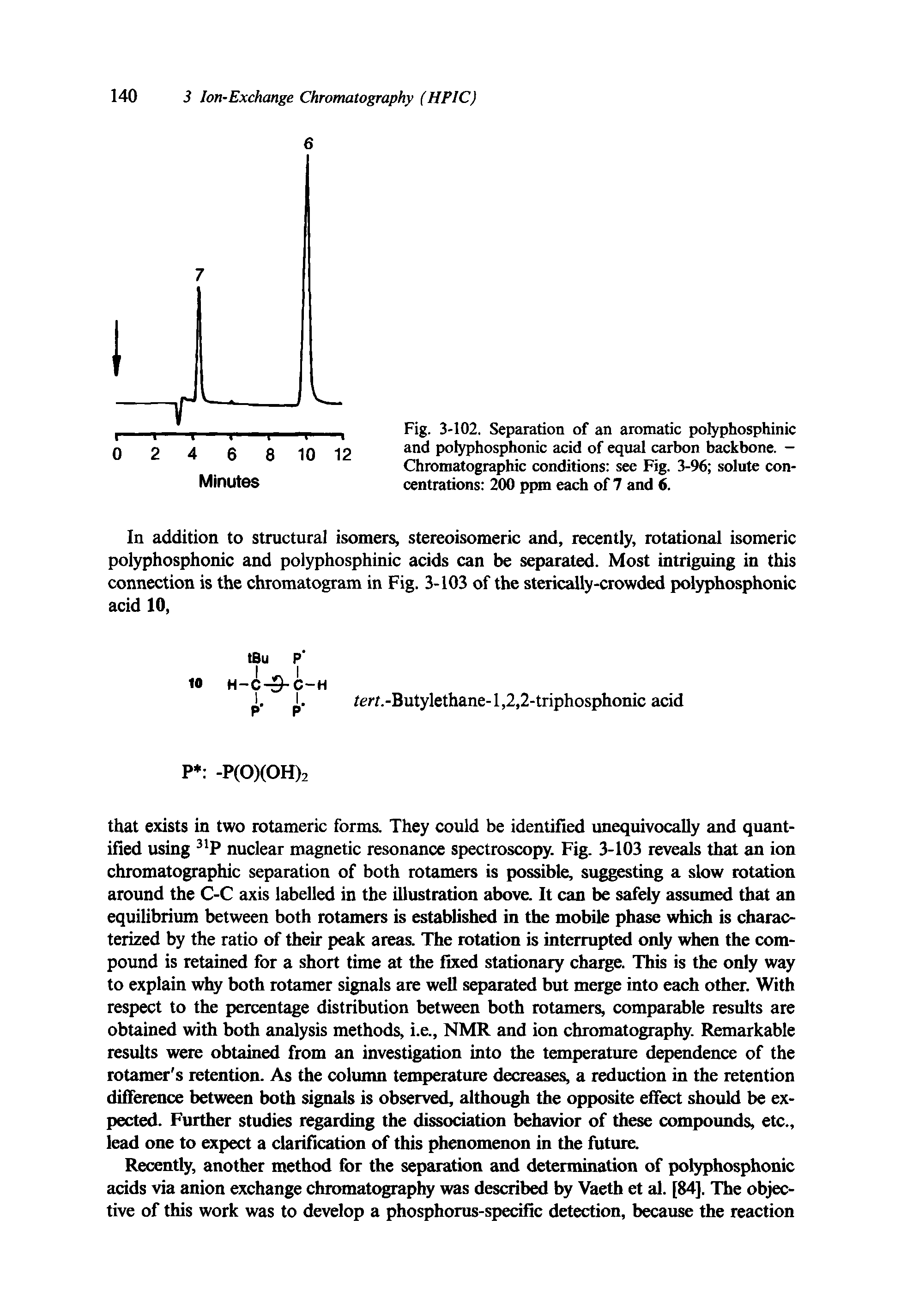 Fig. 3-102. Separation of an aromatic polyphosphinic and polyphosphonic acid of equal carbon backbone. — Chromatographic conditions see Fig. 3-96 solute concentrations 200 ppm each of 7 and 6.