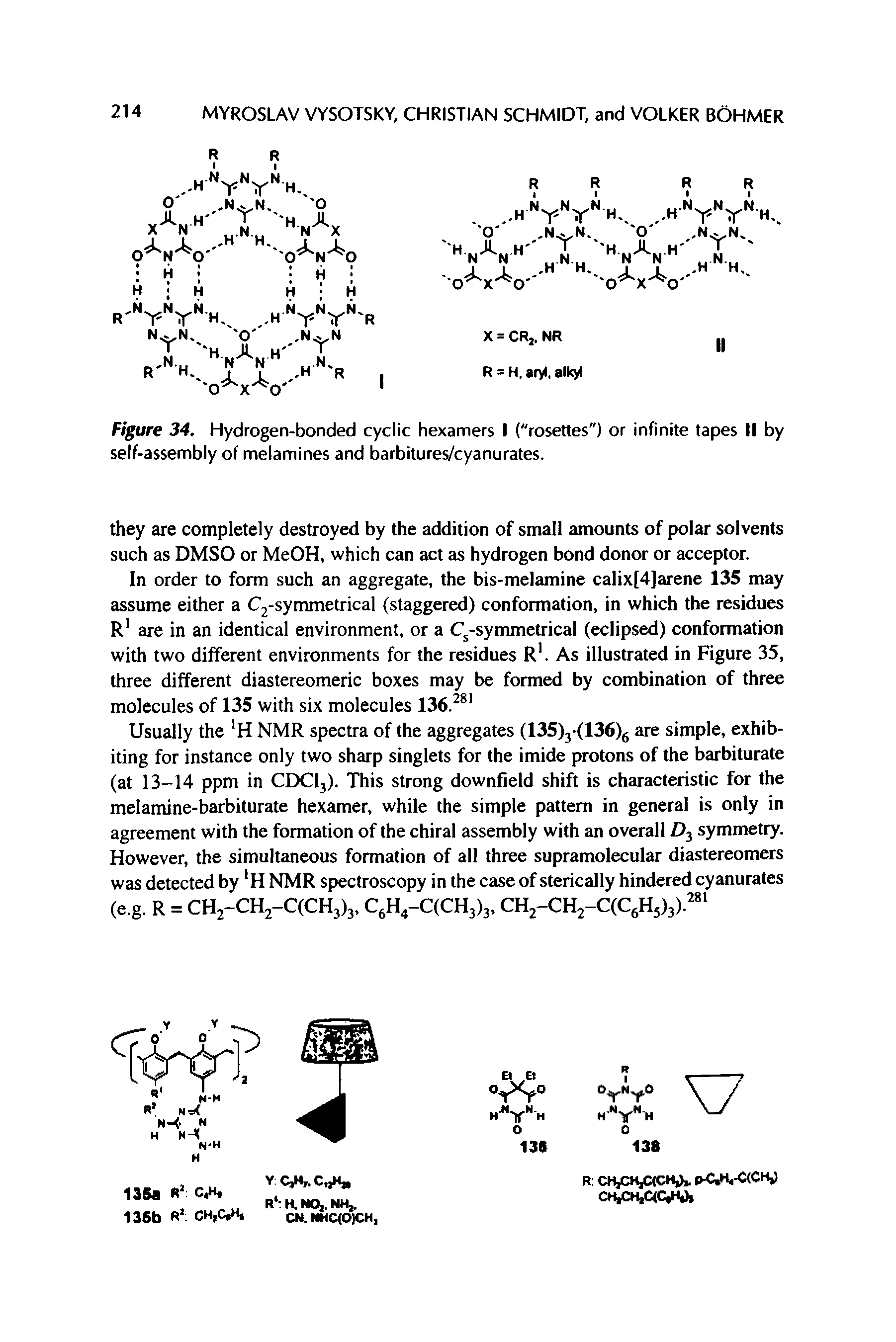 Figure 34. Hydrogen-bonded cyclic hexamers I ("rosettes") or infinite tapes II by self-assembly of melamines and barbitures/cyanurates.
