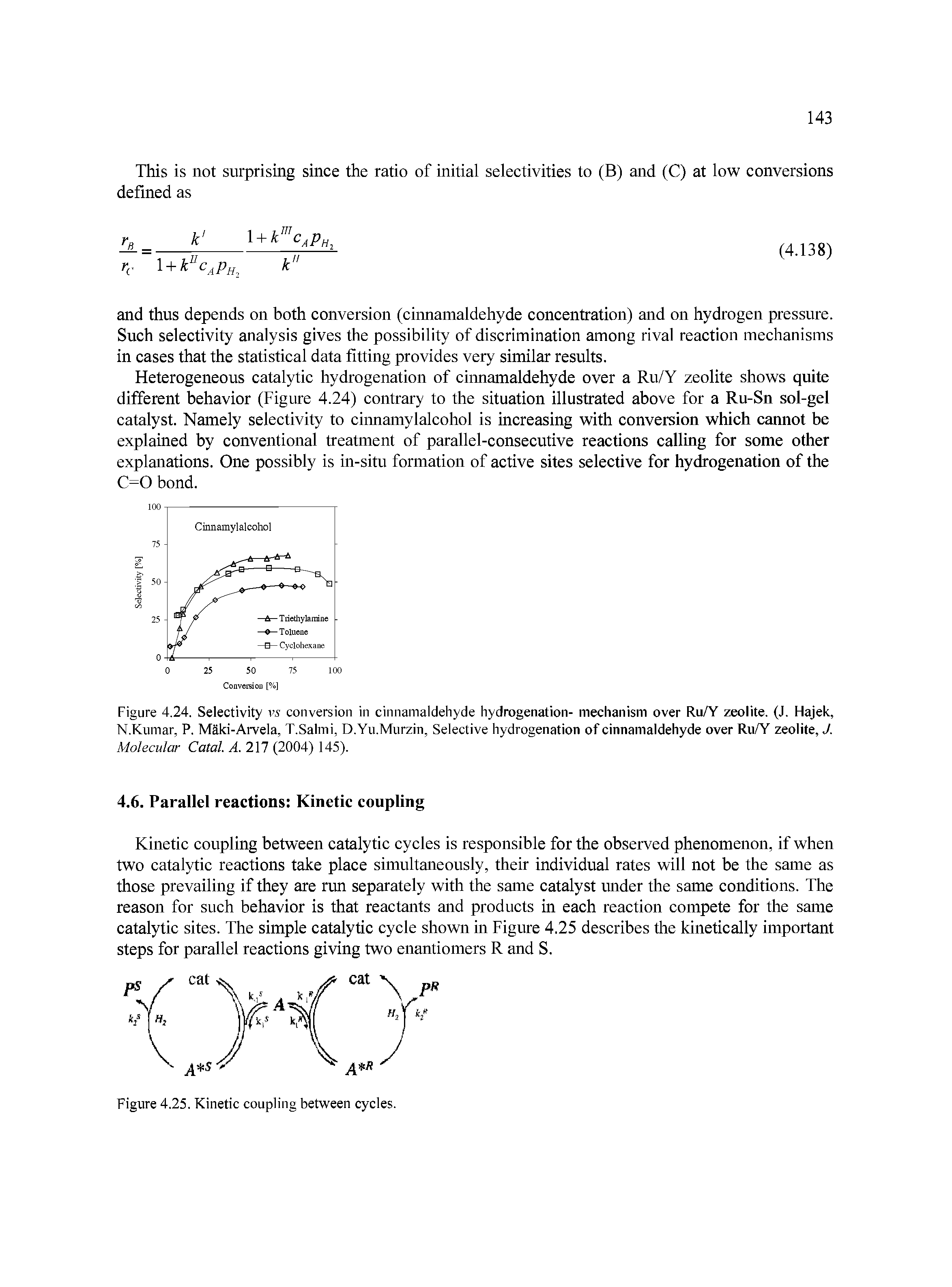 Figure 4.24. Selectivity vs conversion in cinnamaldehyde hydrogenation- mechanism over Ru/Y zeolite. (J. Hajek, N.Kumar, P. Maki-Arvela, T.Salmi, D.Yu.Murzin, Selective hydrogenation of cinnamaldehyde over Ru/Y zeolite, J. Molecular Catal. A. 217 (2004) 145).