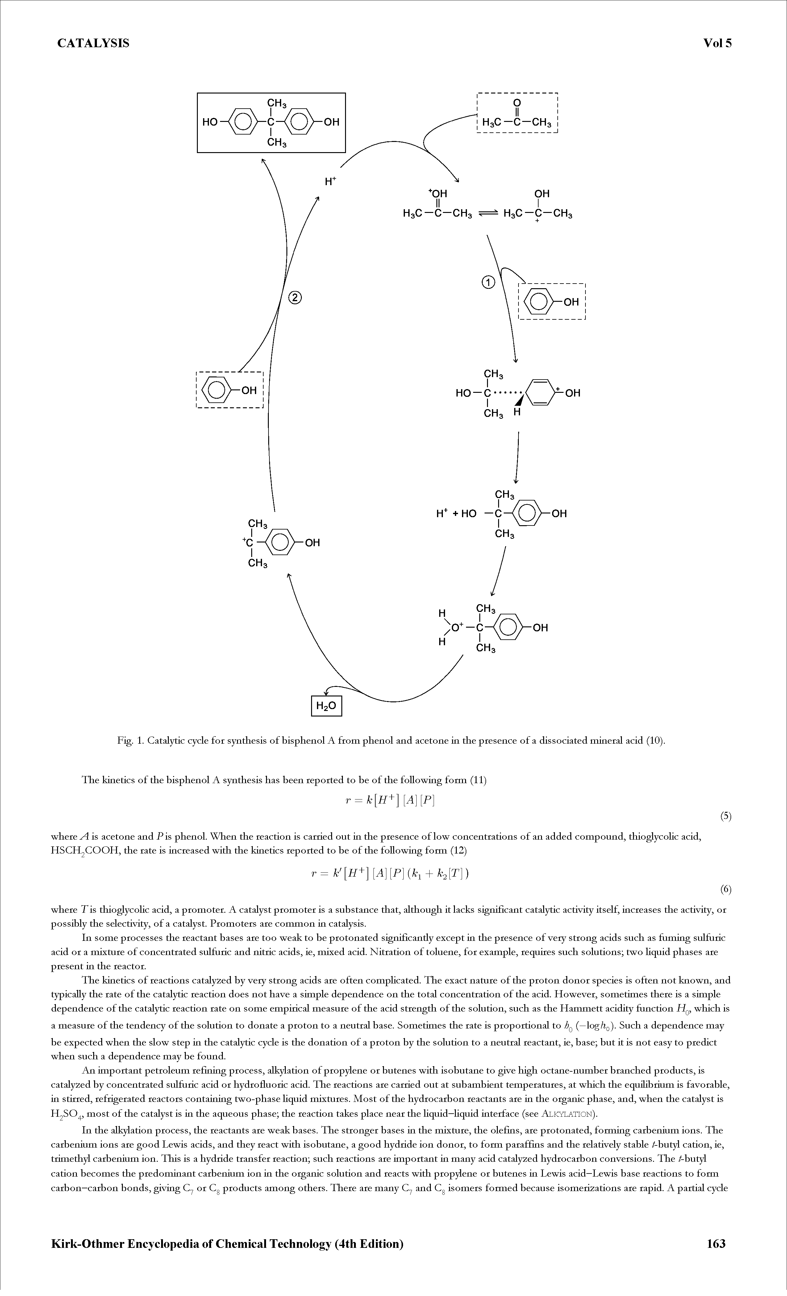 Fig. 1. Catalytic cycle for synthesis of bisphenol A from phenol and acetone in the presence of a dissociated mineral acid (10).