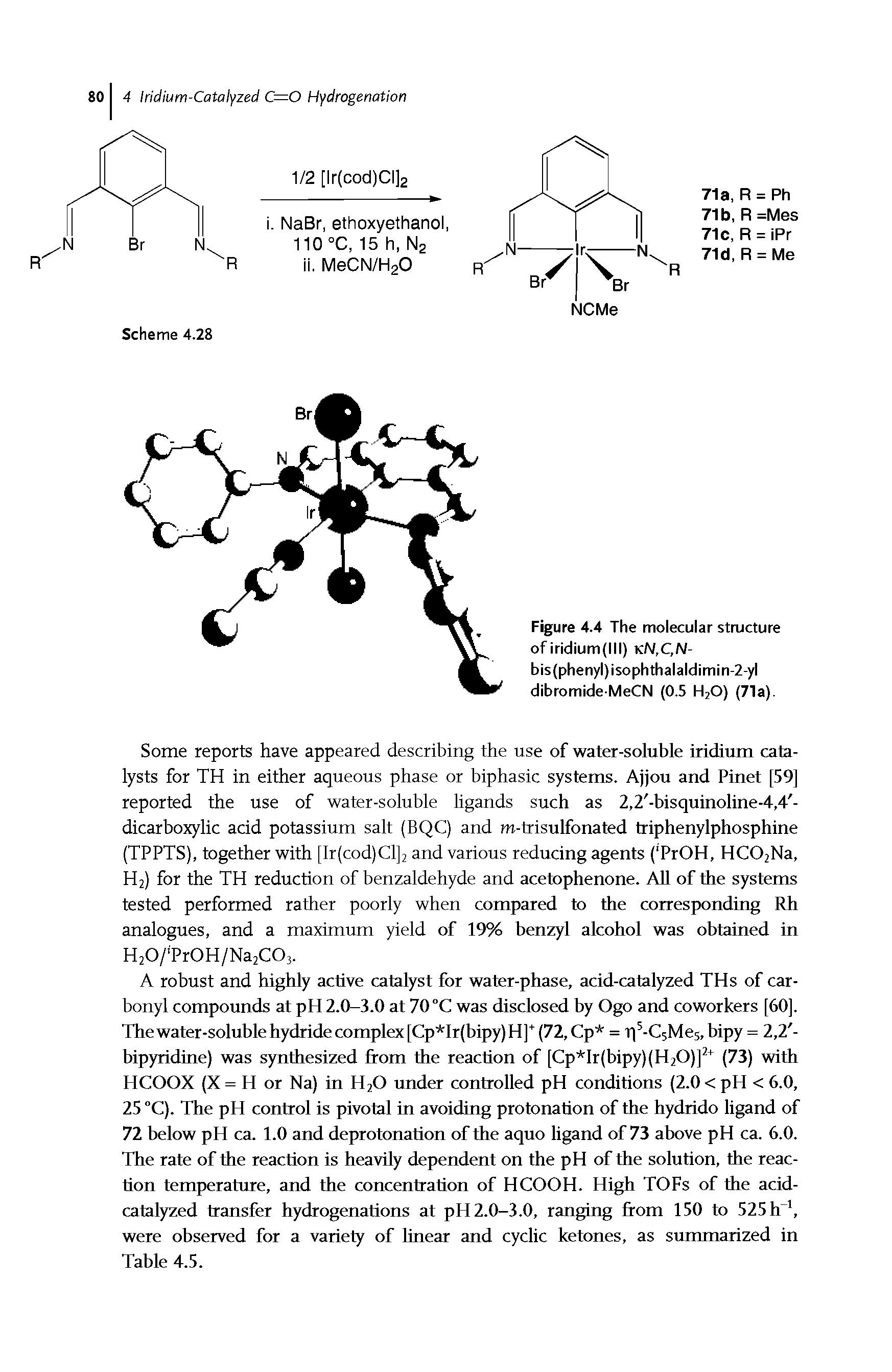 Figure 4.4 The molecular structure of iridium(lll) kN,C,N-bis(phenyl)isophthalaldimin-2-yl dibromide-MeCN (0.5 H2O) (71a).
