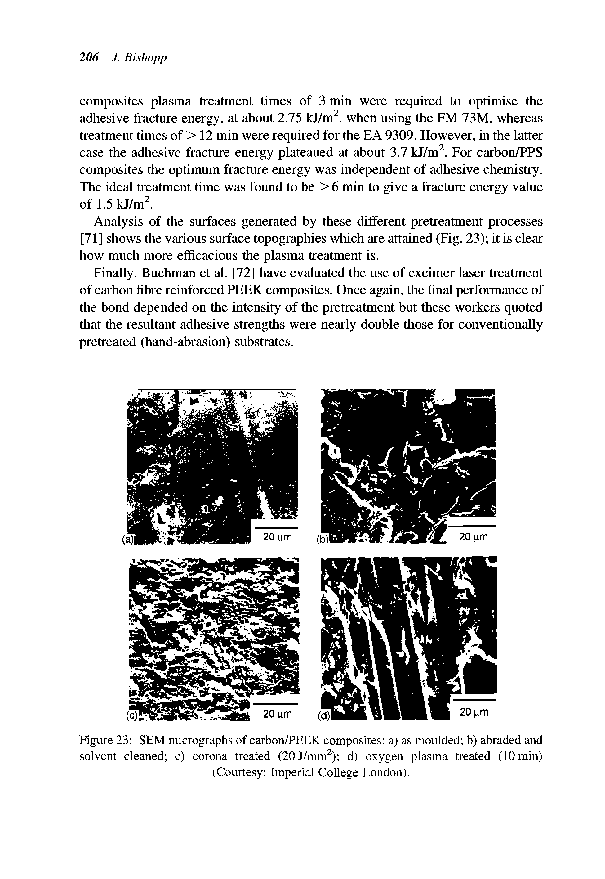 Figure 23 SEM micrographs of carbon/PEEK composites a) as moulded b) abraded and solvent cleaned c) corona treated (20J/mm ) d) oxygen plasma treated (10 min) (Courtesy Imperial College London).