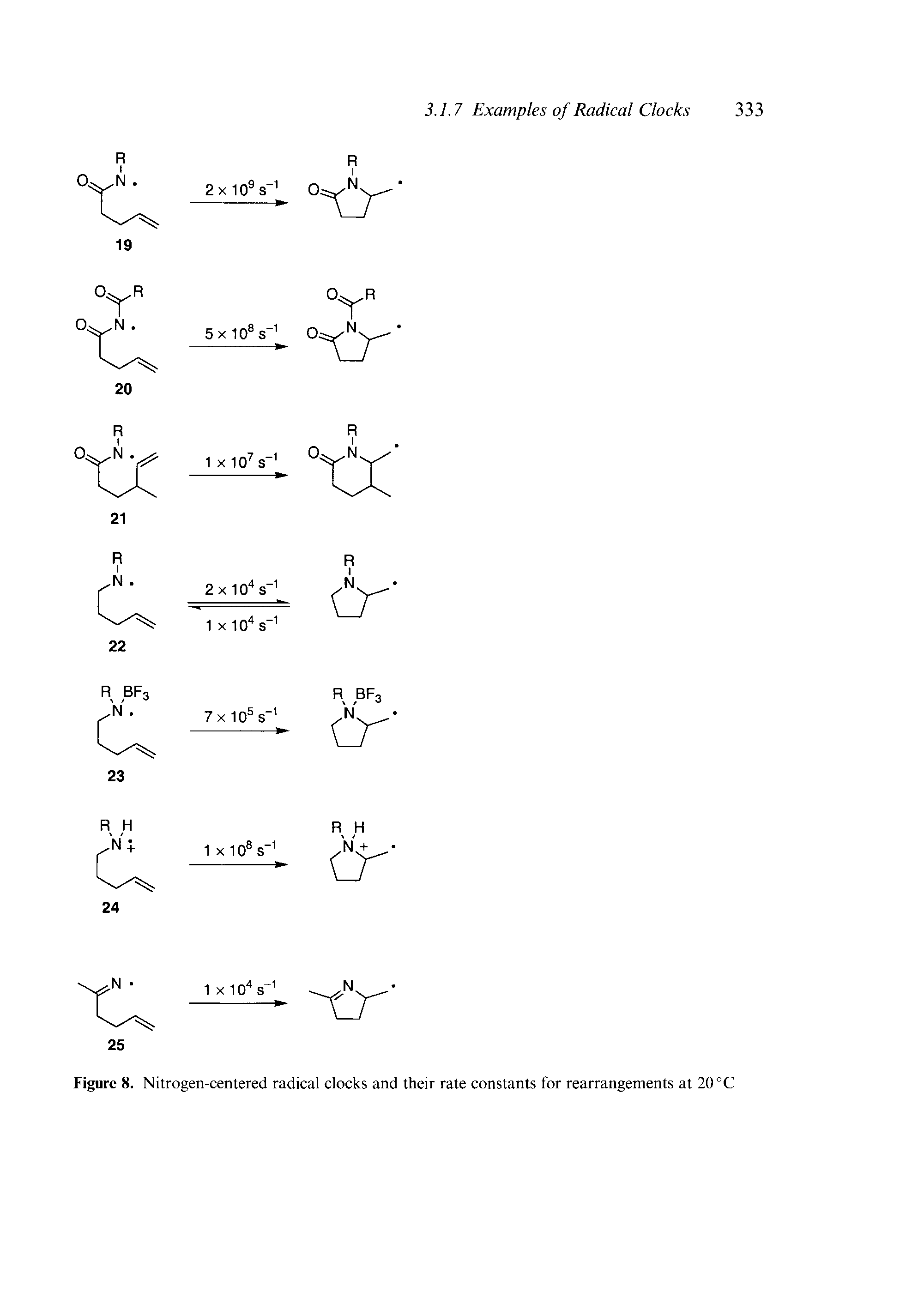 Figure 8. Nitrogen-centered radical clocks and their rate constants for rearrangements at 20 °C...