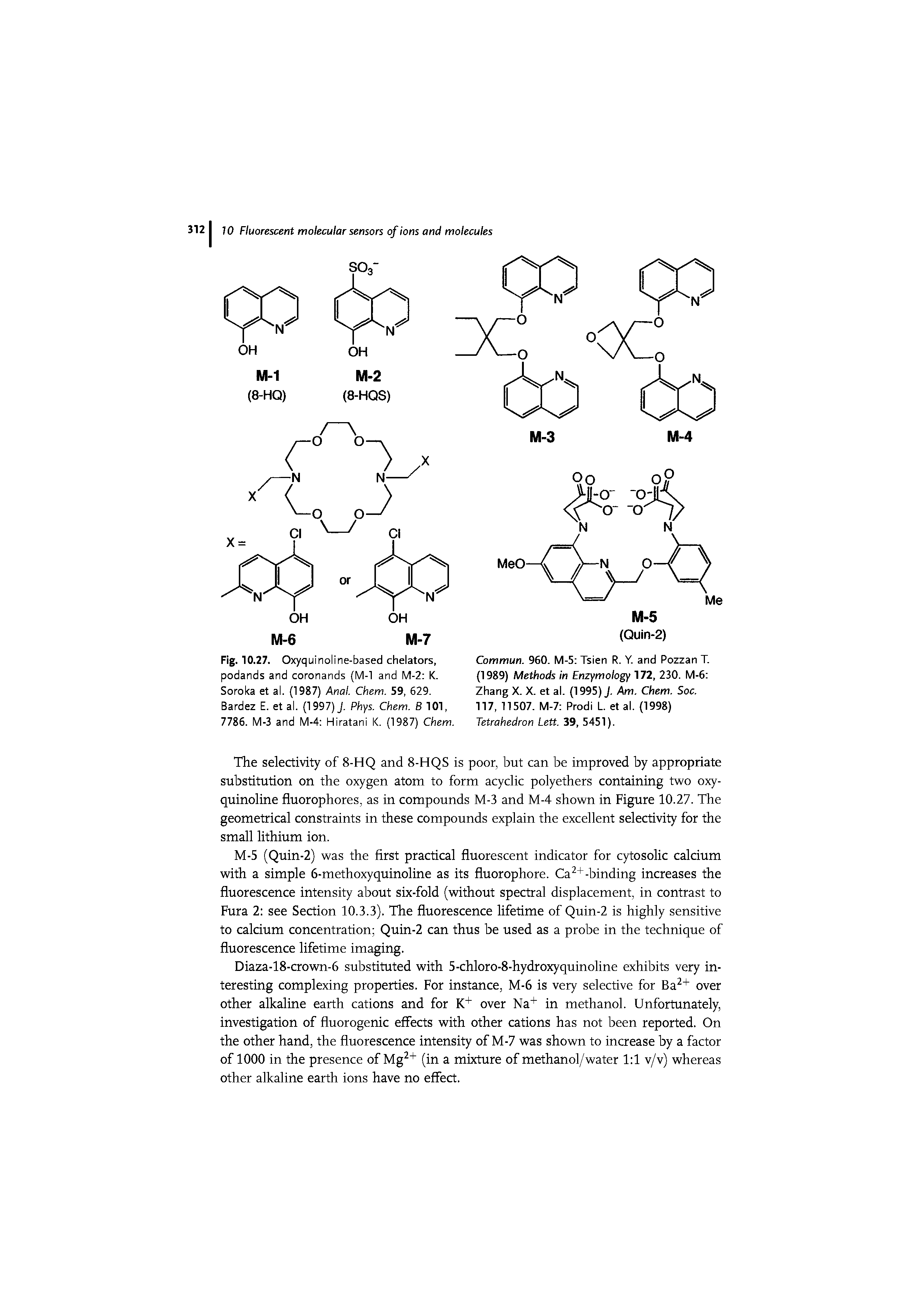 Fig. 10.27. Oxyquinoline-based chelators, podands and coronands (M-l and M-2 K. Soroka et al. (1987) Anal. Chem. 59, 629. Bardez E. et al. (1997) J. Phys. Chem. B 101, 7786. M-3 and M-4 Hiratani K. (1987) Chem.